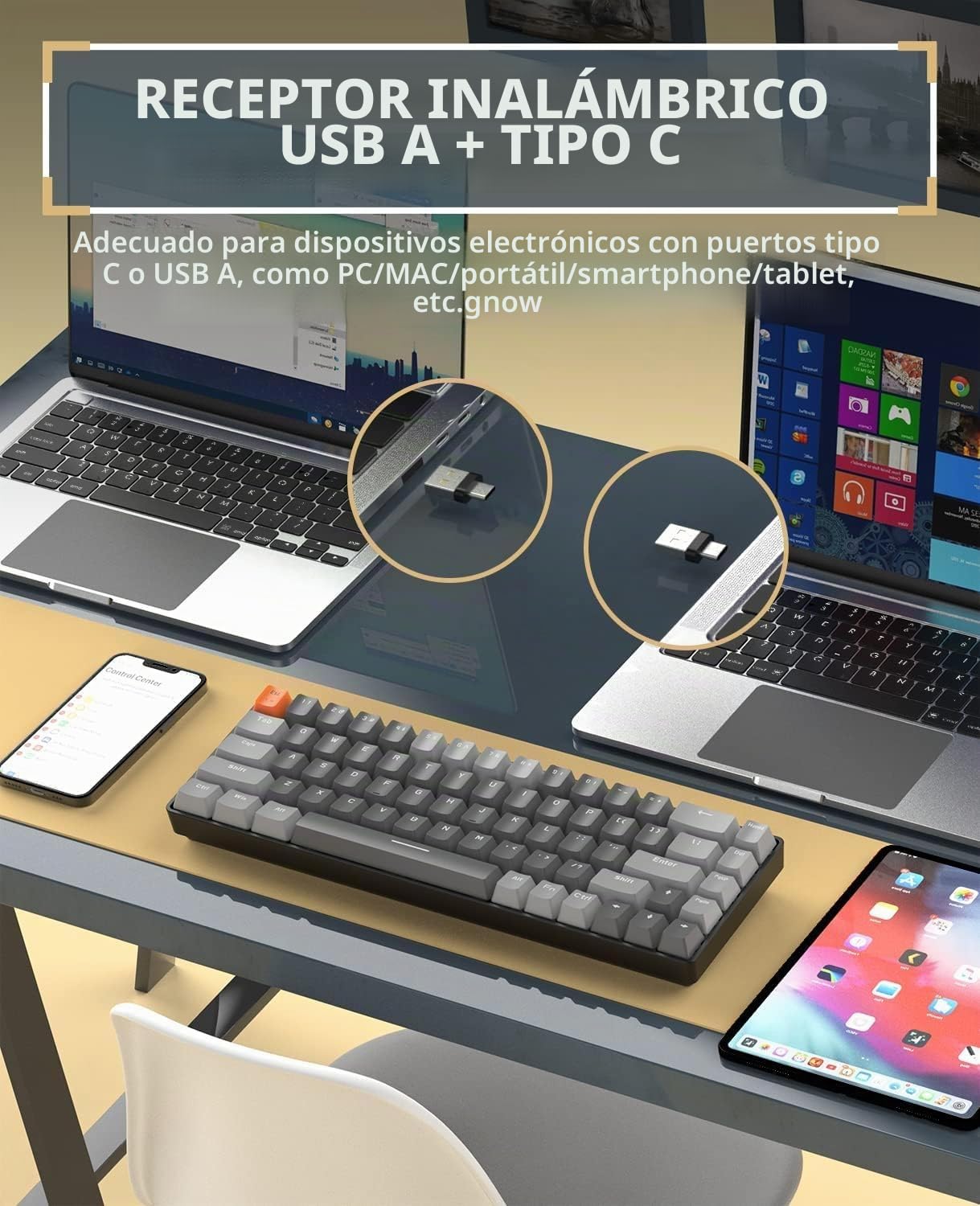 YINDIAO K68 60% Teclado Mecánico Inalámbrico para Juegos,Bluetooth 5.0/2.4Ghz,diseño de América,Mini Teclado Compacto de 68 Teclas con USB A/Type C Receptor,Hot Swap,Interruptor Rojo (Gris Oscuro)