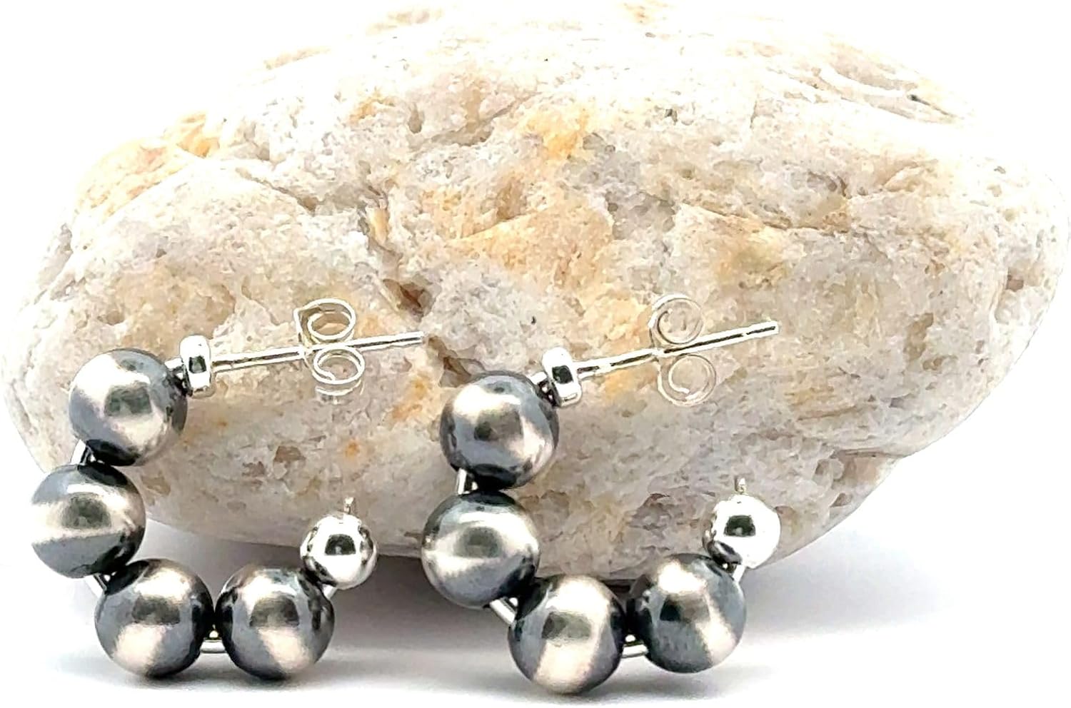 Small Chunky Sterling Silver Navajo Pearl Style Hoop Earrings for Women Beaded Western Jewelry Handmade in the USA
