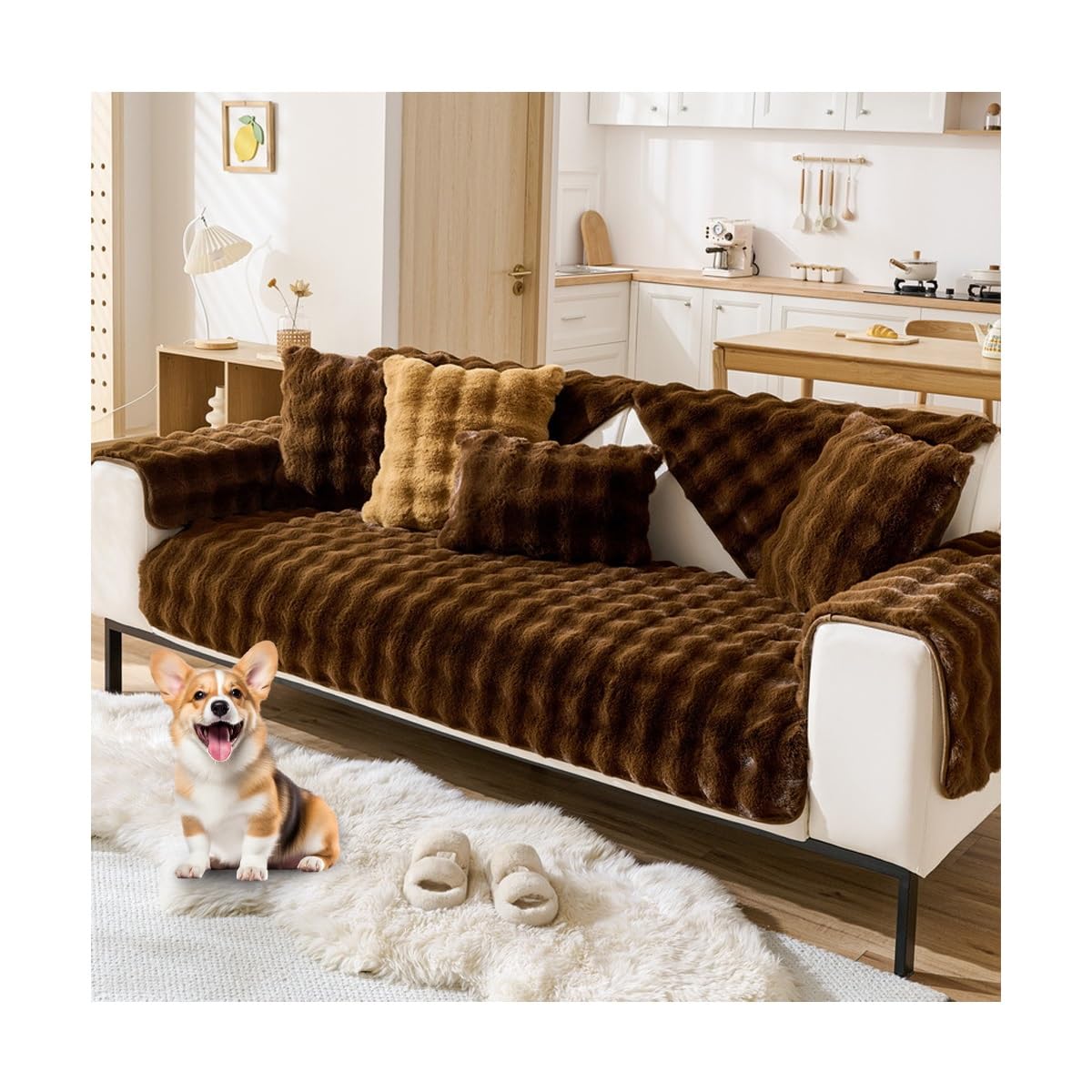Housse de canapé antidérapante peluche douce pour animaux domestiques marron 90x210