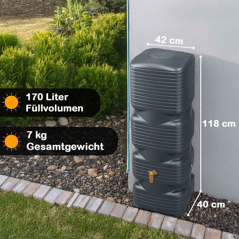 Quadro Wandtank 170 L Graphite Grey Komplett-Set, Regentonne schmal mit Auslaufhahn & Fallrohrfilter, Regenwasserbehälter Hauswand, Regenfass