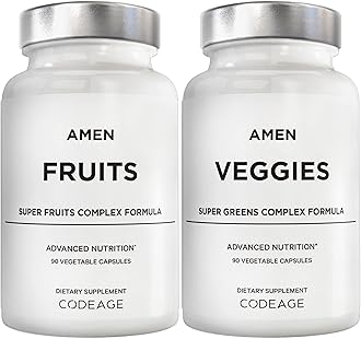 Amen Fruits + Veggies Vitamins Bundle, Raw Whole Food Multivitamin Capsules, Greens Vegetables, Red Fruits & Berries Vegan Blend, Fibers + Phytonutrients Superfood Minerals Supplement, Non-GMO, 180 ct