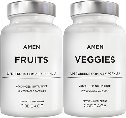 Amen Paquete de vitaminas Fruits + Veggies, cápsulas multivitamínicas de alimentos integrales crudos, verduras verdes, frutas rojas y bayas, mezcla