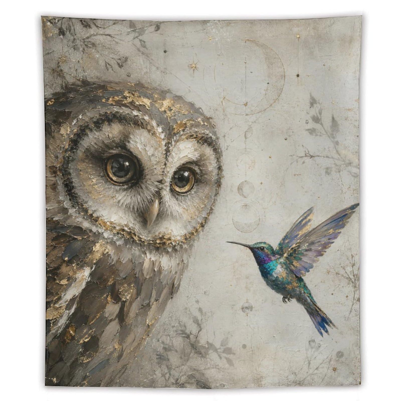 W7C8U2X3 Owl and Hummingbird Wall Tapestry, Realistic Illustration Style