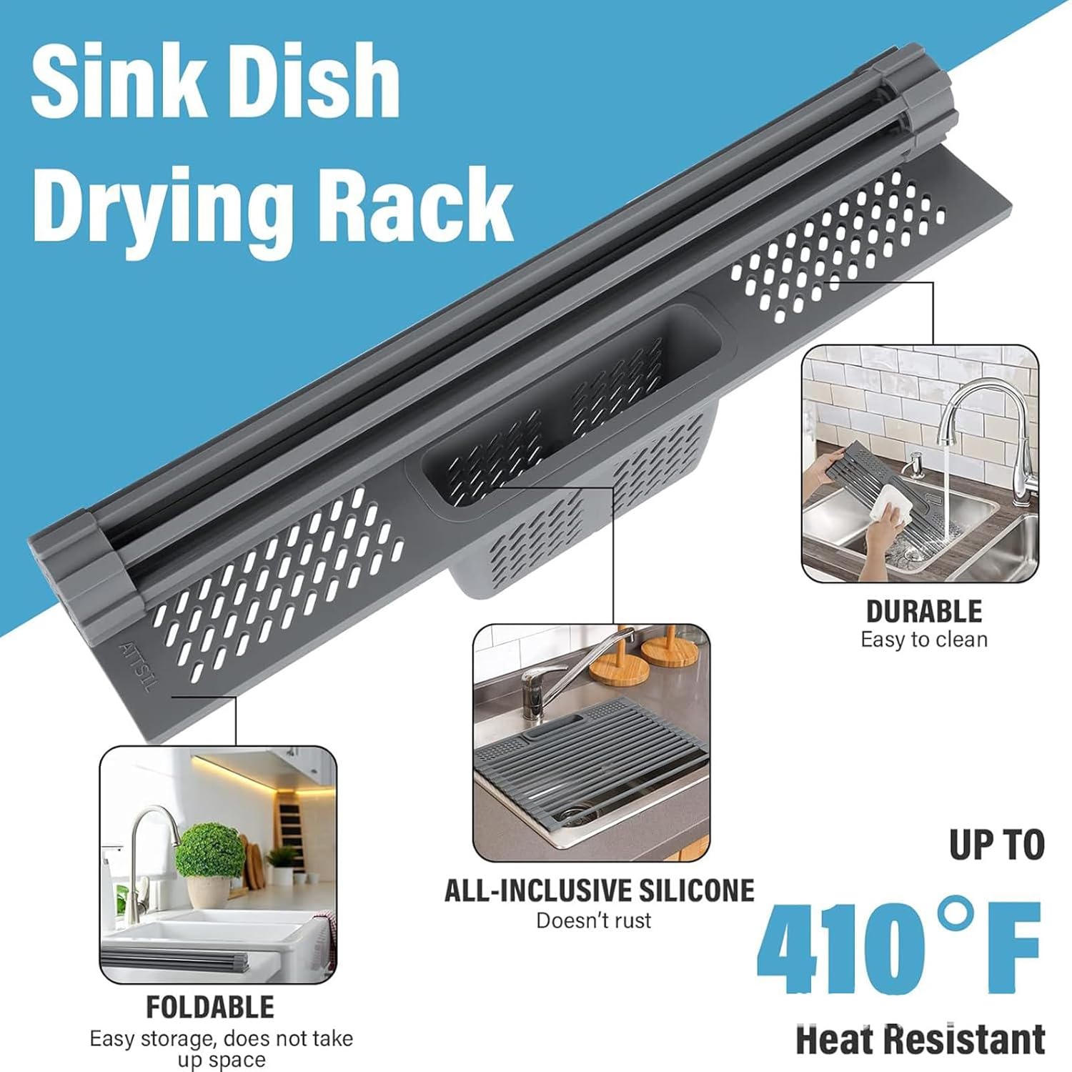 Sink Roll Up Rack, Expandable Dish Drying Rack, Foldable Heat Resistant, for Kitchen Counter Sink Large Foldable Drying Racks, Dish Utensils Glassware Pots Pans