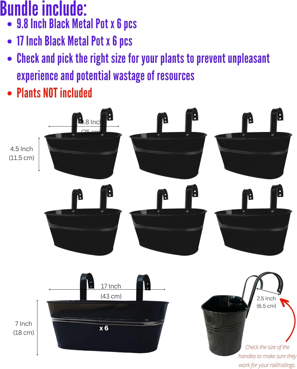 LaLaGreen Bundle- 6-Pack, 9.8 Inch + 6-Pack, 17 Inch Black Metal Pot Hanging Window Rail Plant Holder Herb Flower Boxes with Hanger Hook Outdoor Fence Deck Patio Porch Farmhouse Style Balcony Garden