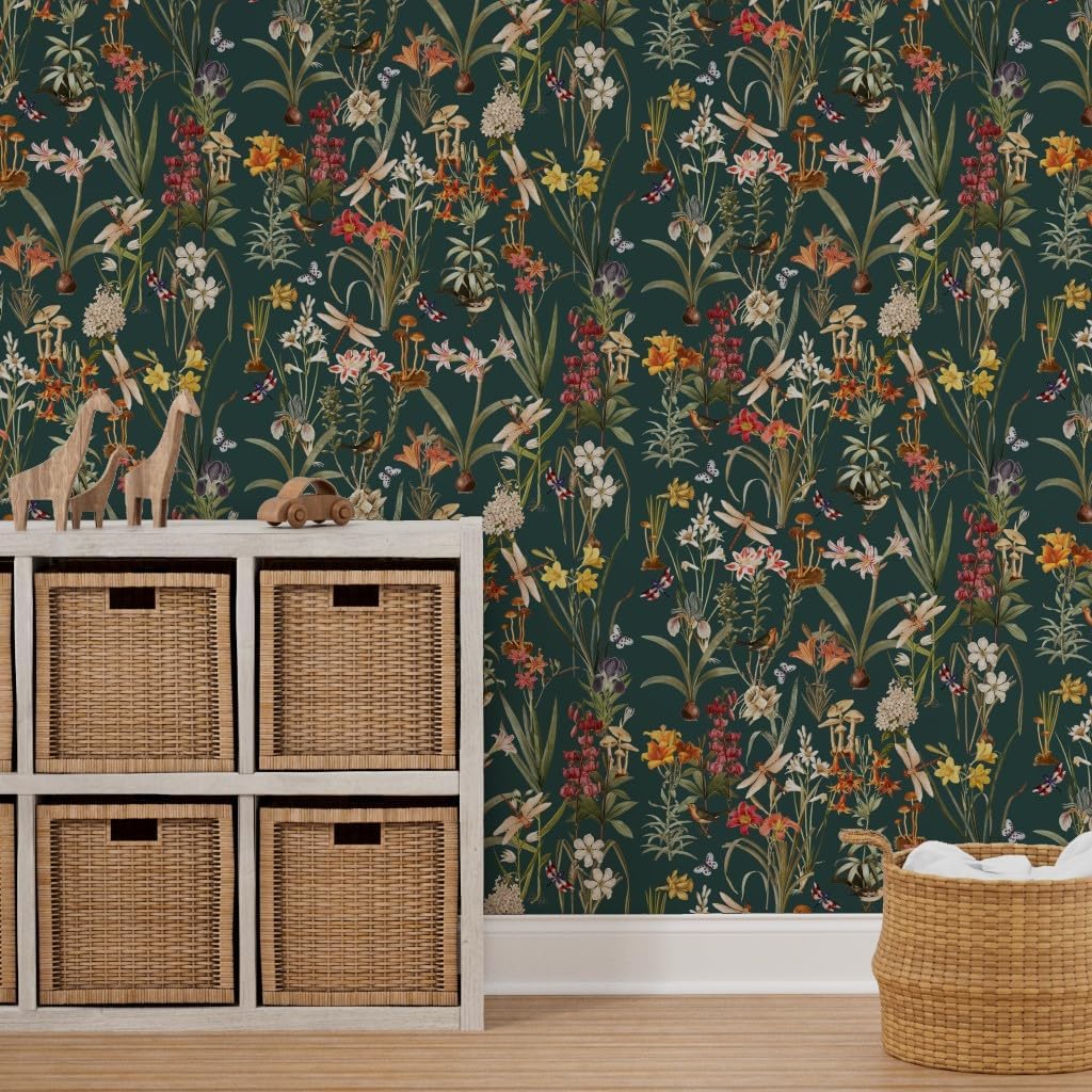 Spoonflower Peel & Stick Wallpaper 3ft x 2ft - Garden Dragonflies Large Dragonfly Dark Floral Custom Removable Wallpaper