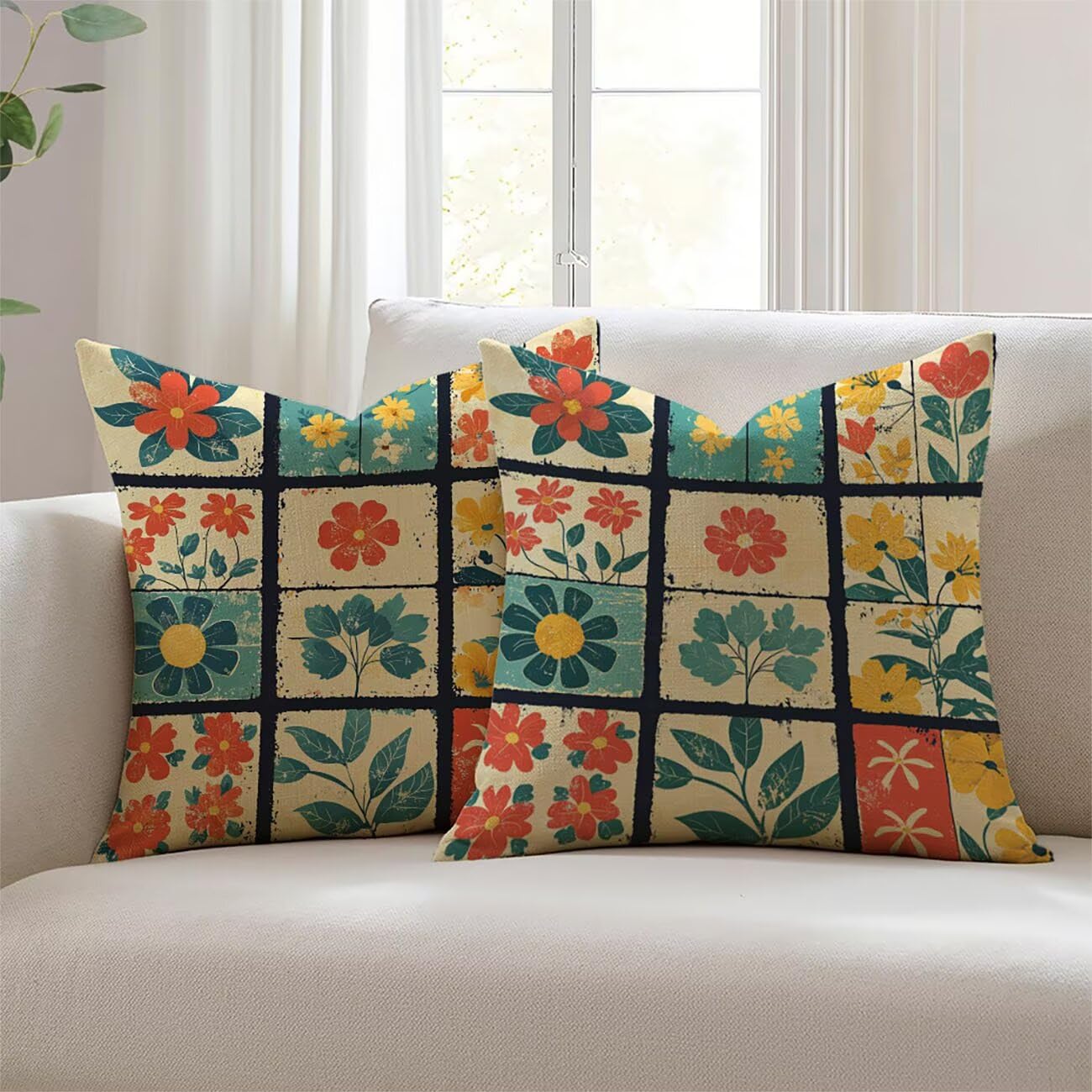 Coussin extérieur imperméable 20x20 lot de 2 housses lin déperlant fleur
