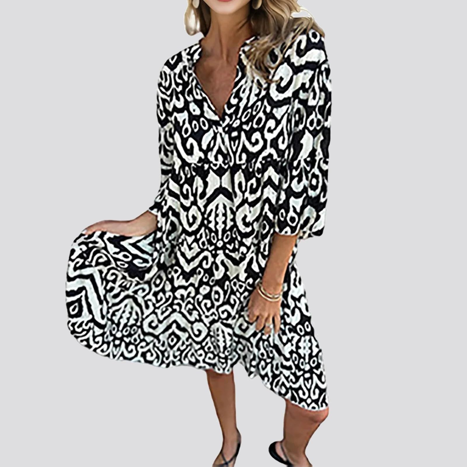 Boho-Kleid Damen Sommer 3/4 Ärmel Sommerkleid Damen Knielang A Linie Rüschen Bohemian Kleider Elegant Sommerkleider Leicht Und Luftig Blusenkleid V Ausschnitt Mit Knöpfen Strandkleid Frauen