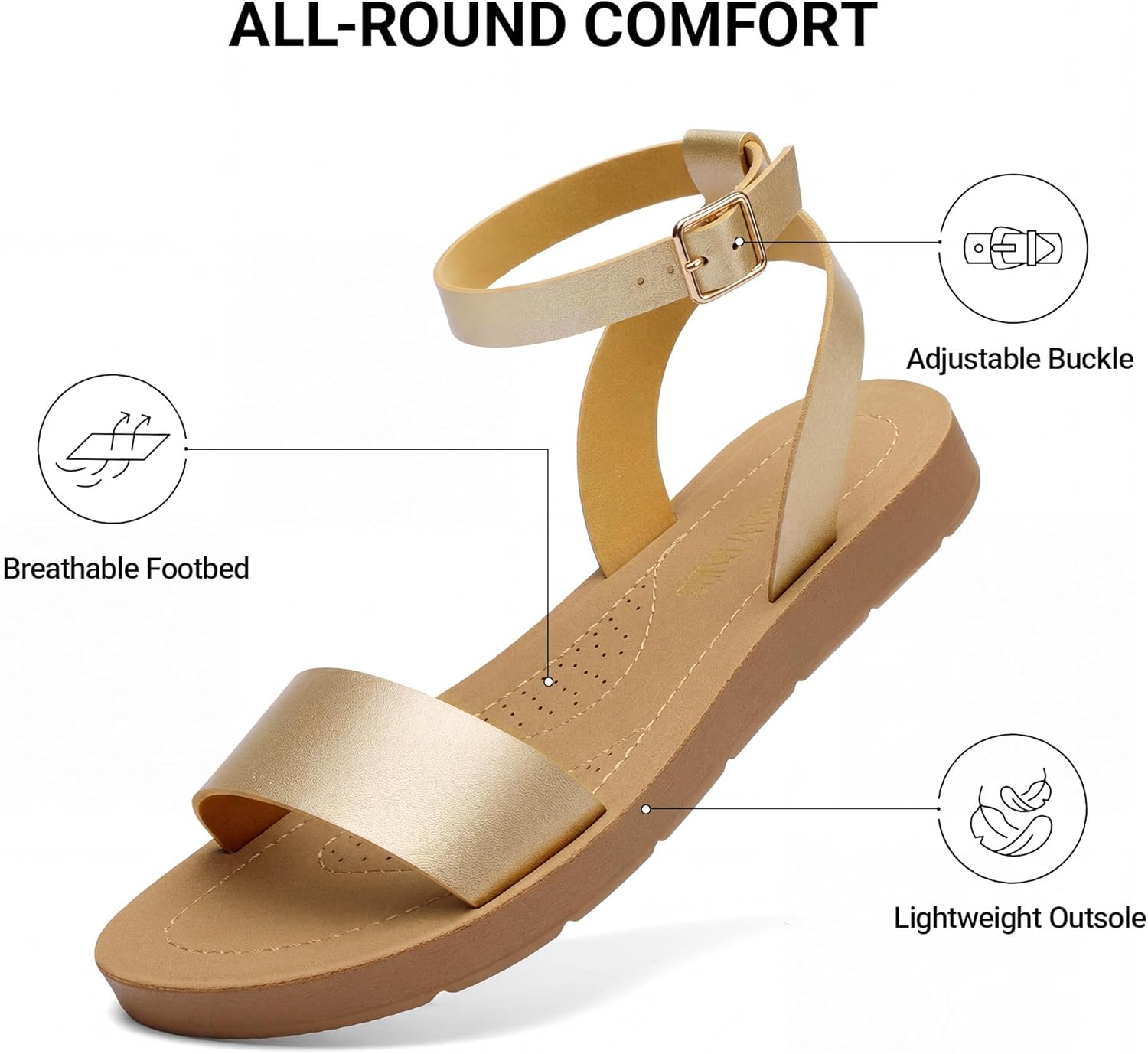 DREAM PAIRS Women’s One Band Ankle Strap Buckle Flat Sandals