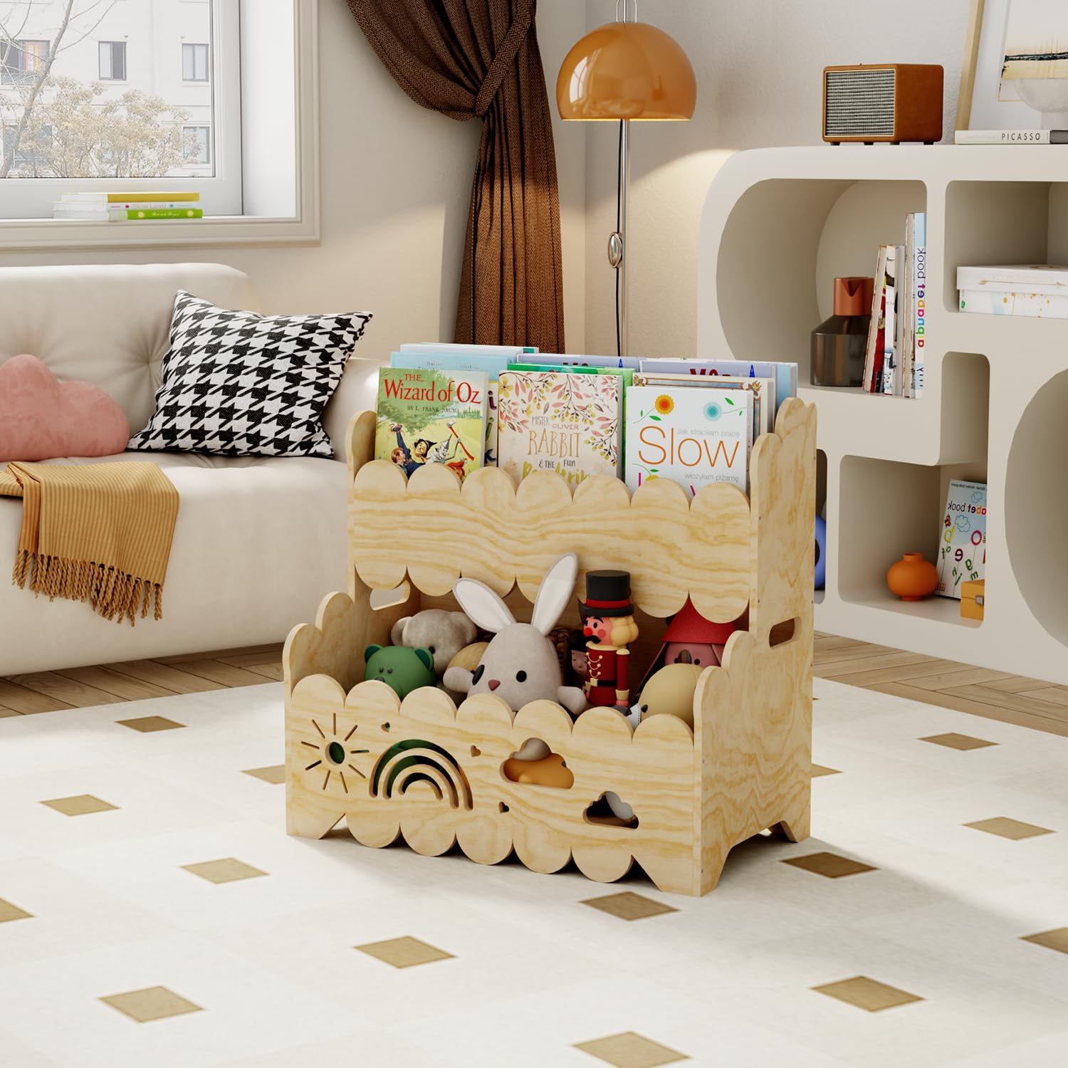 Étagère en Bois pour Enfants, étagère Montessori à 2 Niveaux, idéale pour Les Chambres d'enfants, Les crèches et Les salles de Classe, étagères de Rangement pour Livres et Jouets
