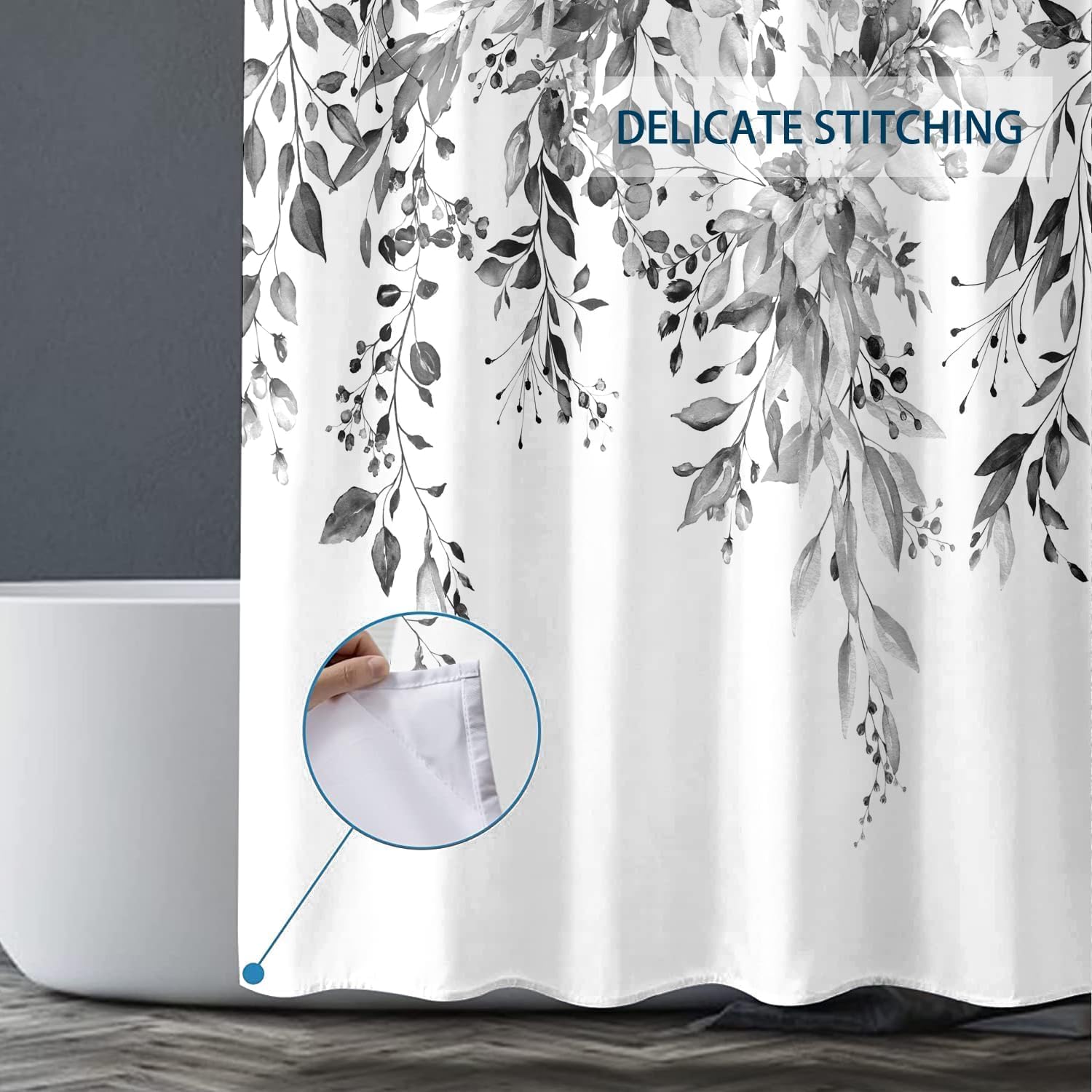 Extra Long Black White Eucalyptus Leaves Shower Curtains 72x84 Inch, Waterproof Fabric Watercolor Floral Stylish Bathroom Shower Curtain with Hooks