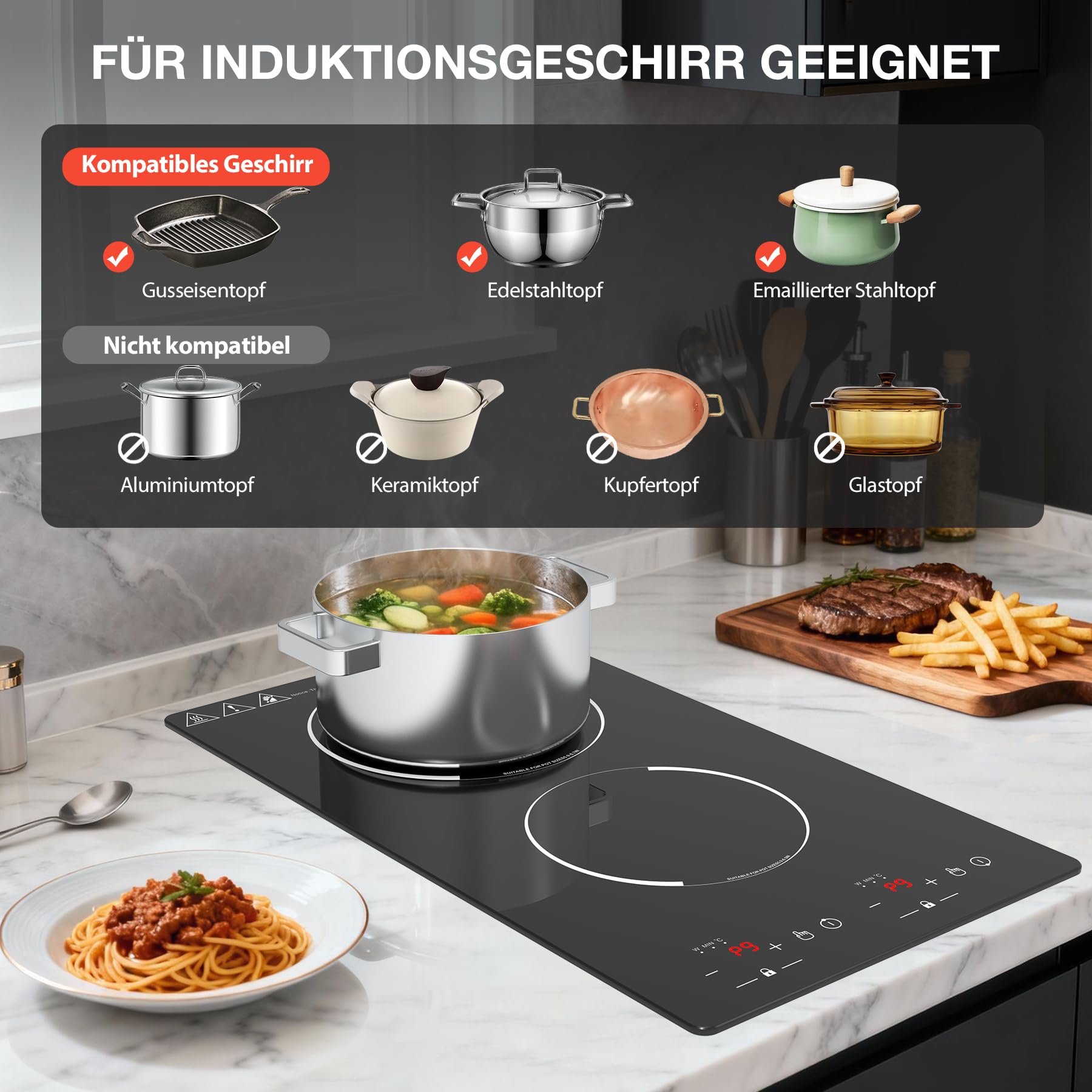 Induktionskochfeld 2 Platten 3000W, Domino Elektrokochfeld 30cm Einbau und Freistehend, Tragbare Doppelkochplatte mit Timer & Restwärmeanzeige für Studio, Kleine Küche und Wohnmobil