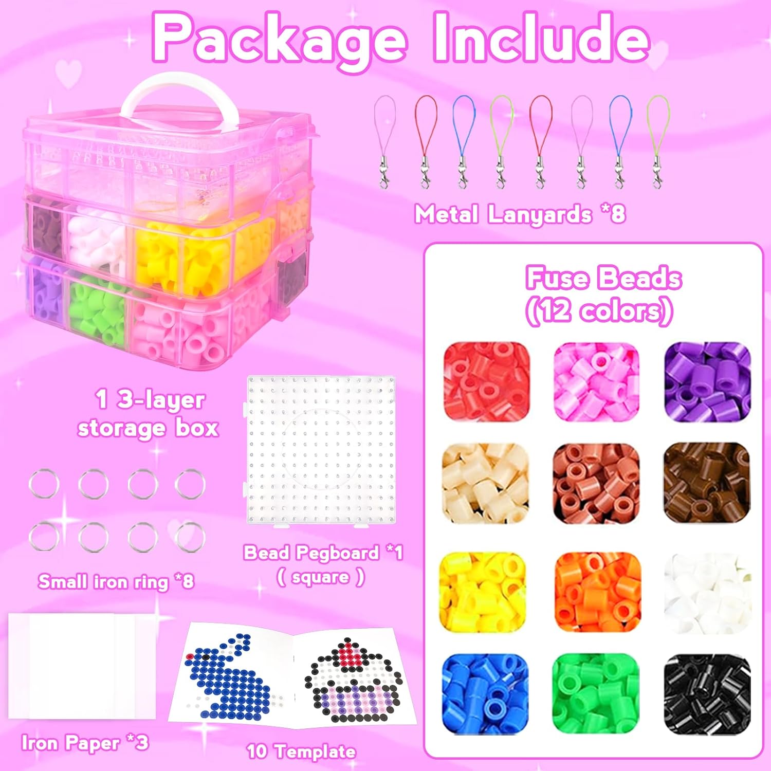 10MM Large Fuse Beads Craft Kit with Storage Box,12 Colors XL Beads,Pegboards,Ironing Papers and Accessories.Arts and Crafts Set Toys Gifts for Boys & Girls Christmas Birthday.DIY Craft Gift for Kids - Image 2