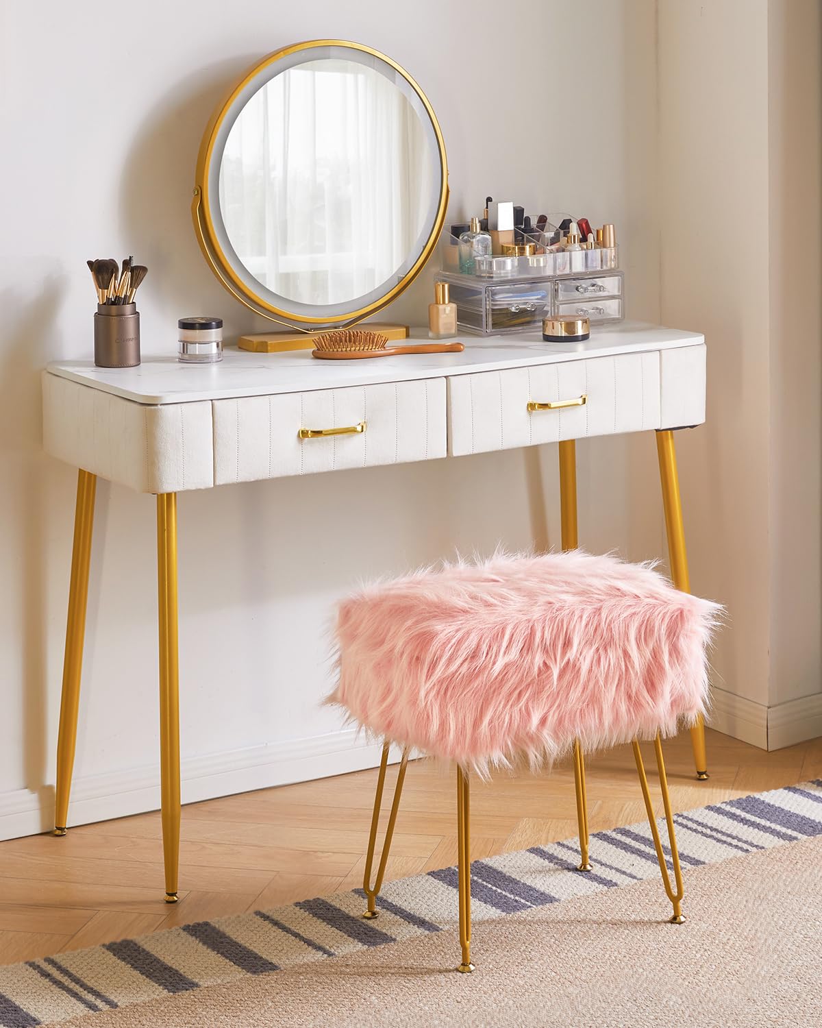 IBUYKE Rectangular Faux Fur Vanity Stool con Almacenamiento, Silla de Maquillaje Peluda otomana, Asiento Acolchado Suave, reposapiés Redondo con 4 Patas de Metal, Rosa WBD022P