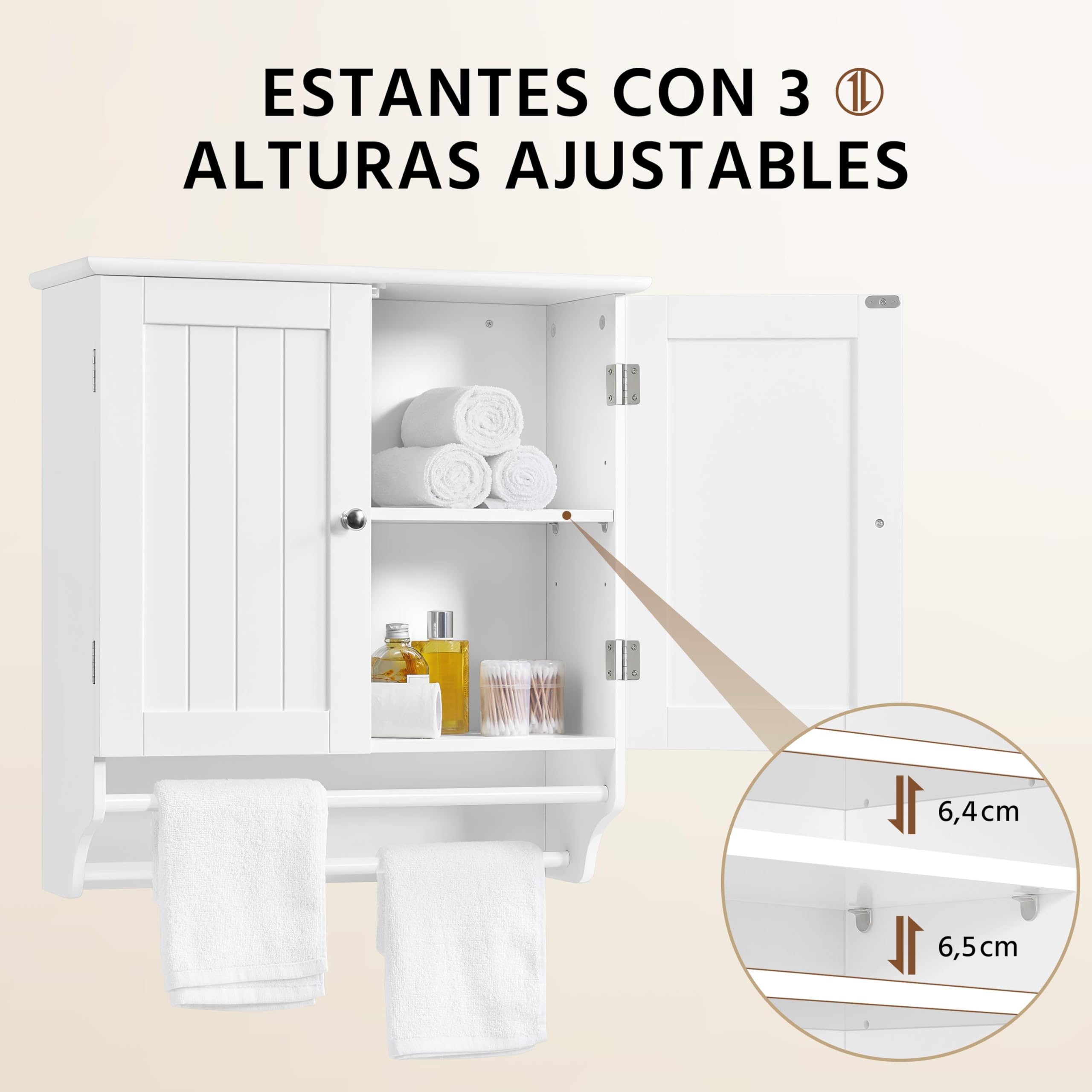 Yaheetech Armario Baño Pared Armario Cocina Colgante con Toallero 60,5x22,5x64 cm Mueble Baño Suspendido de Madera Blanco