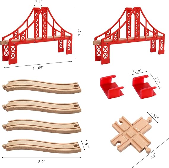 Wooden Train Track Accessories Set, Double Big Red Suspension Bridges Set, Compatible with All Major Brands Track, Christmas Birthday Gift for Boys Girls, Toys Expansion Pack for Kids Ages 3+