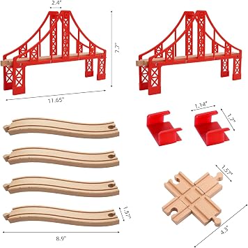 Wooden Train Track Accessories Set, Double Big Red Suspension Bridges Set, Compatible with All Major Brands Track, Christmas Birthday Gift for Boys Girls, Toys Expansion Pack for Kids Ages 3+