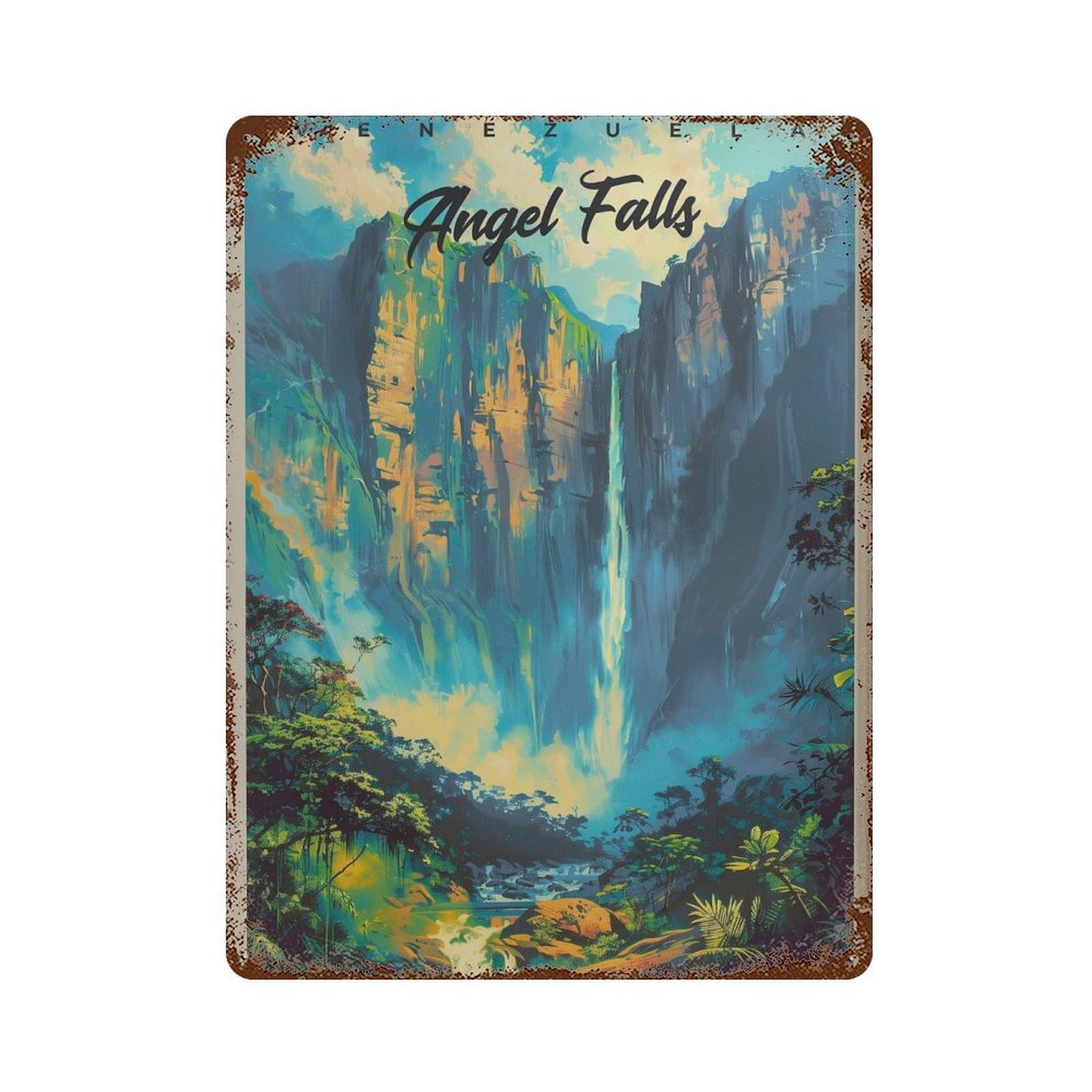 xiaoxiaoshen Angel Falls Venezuela Travel Vibrant Waterfall Wall Decor Art Metal Tin Poster Modern Home Decor Art Home Bar Shop Decorations Vintage Sign 40x30cm