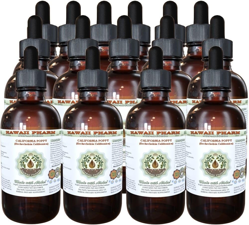 Hawaii Pharm California Poppy Alcohol-Free Liquid Extract, California Poppy (Eschscholzia Californica) Seed Glycerite Natural Herbal Supplement 4x4 oz