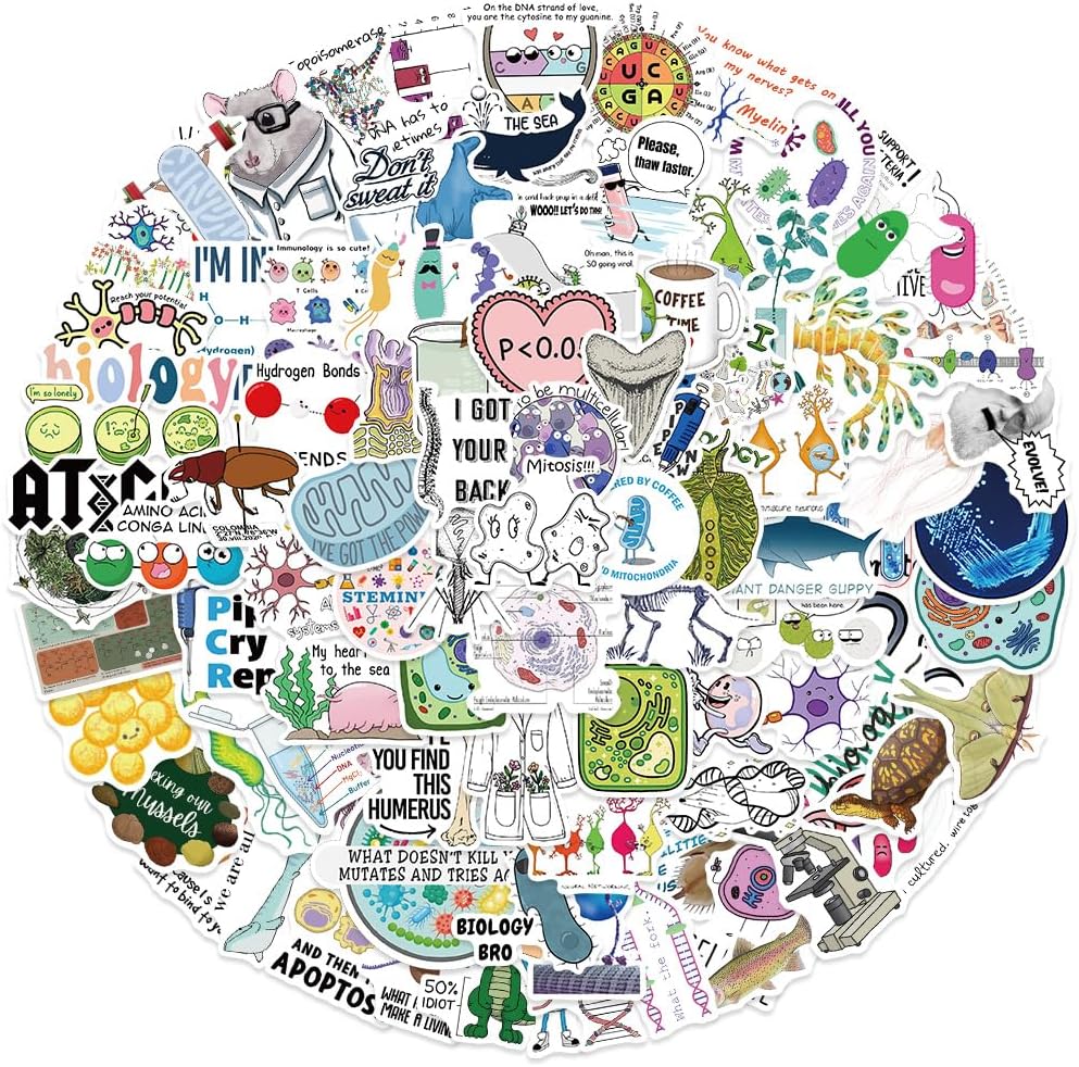 100Pcs Biology Stickers Pack - Waterproof Microbiology Decals For Water Bottles, Laptops, Notebooks