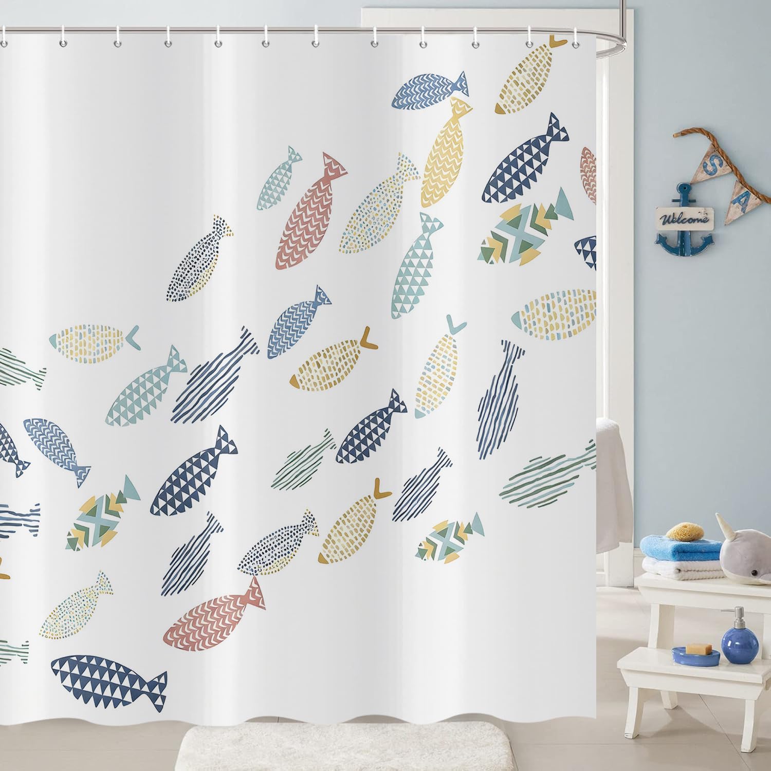 Rideau de douche poisson pour salle de bain familiale océan coloré dessin animé en polyester