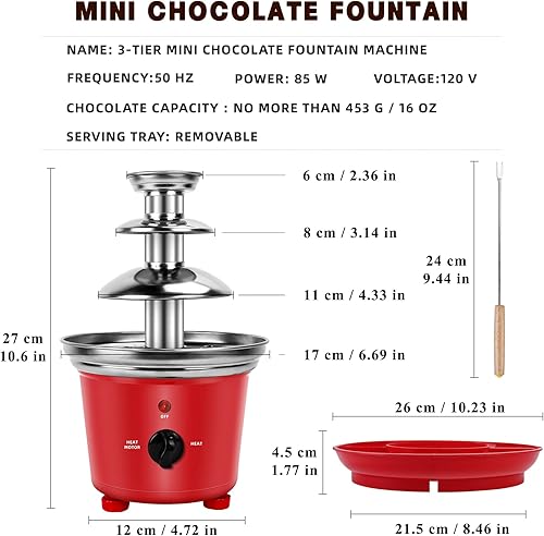 Miniatura 7 de Fuente de fondue de chocolate de 16 onzas, mini fuente de chocolate de 3 niveles con 6 tenedores de fondue y bandeja de extracción de frutasfrutos
