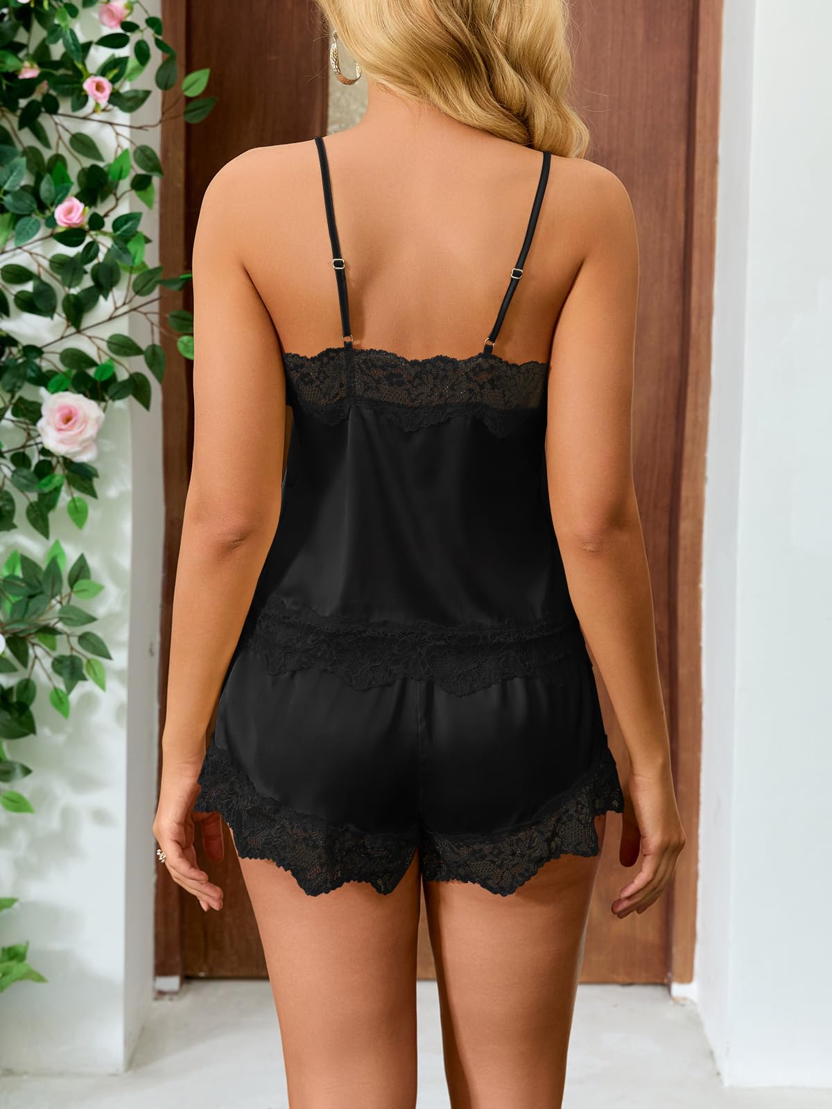 QHQQXN Completo Pigiama in Seta da Donna Lingerie in Raso Pigiama in Pizzo Pigiama con Scollo a V Camicie Top e Pantaloncini Indumenti da Notte in 2 Pezzi