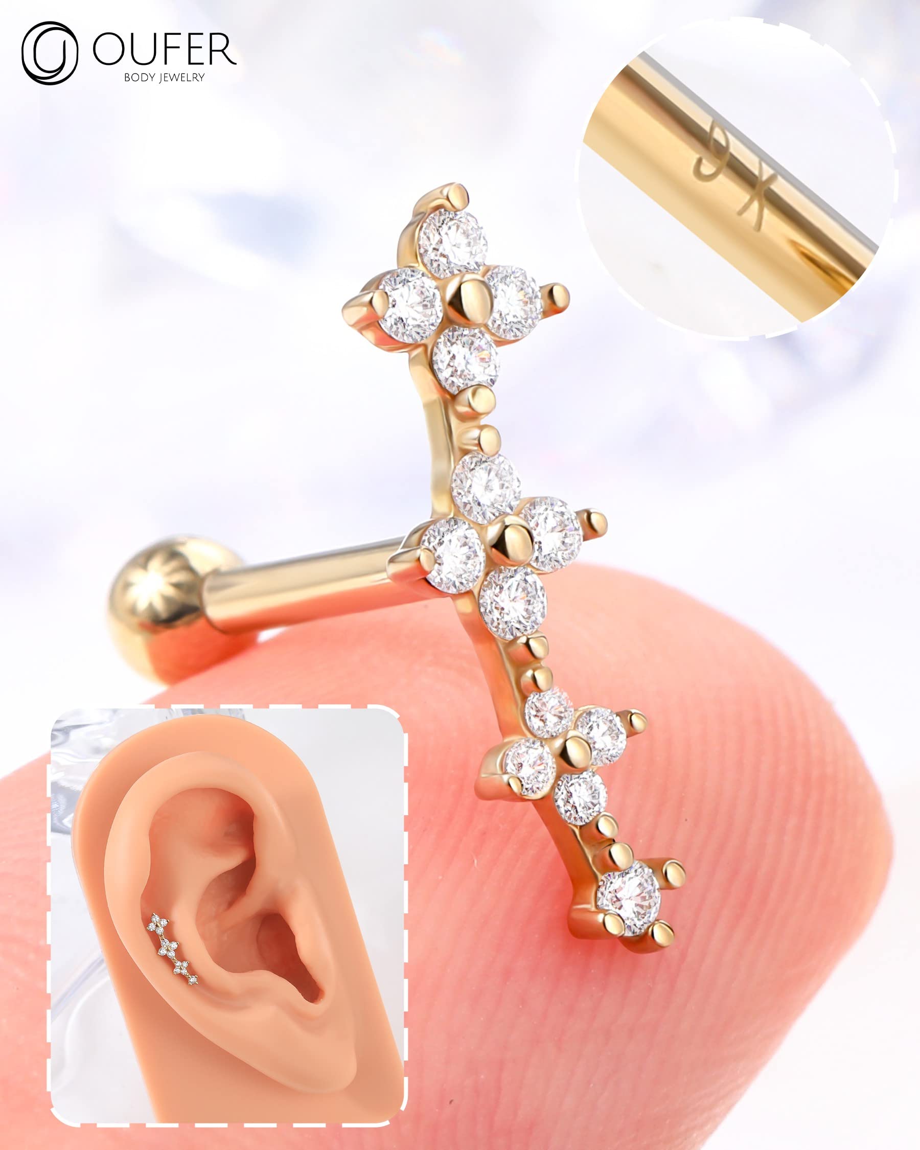 OUFER Orecchini per cartilagine in oro 9 carati, 16 G, AAA+ e zirconia cubica, piercing per elica anteriore, anello a conchiglia, anello superiore per trago, gioielli per donne e ragazze