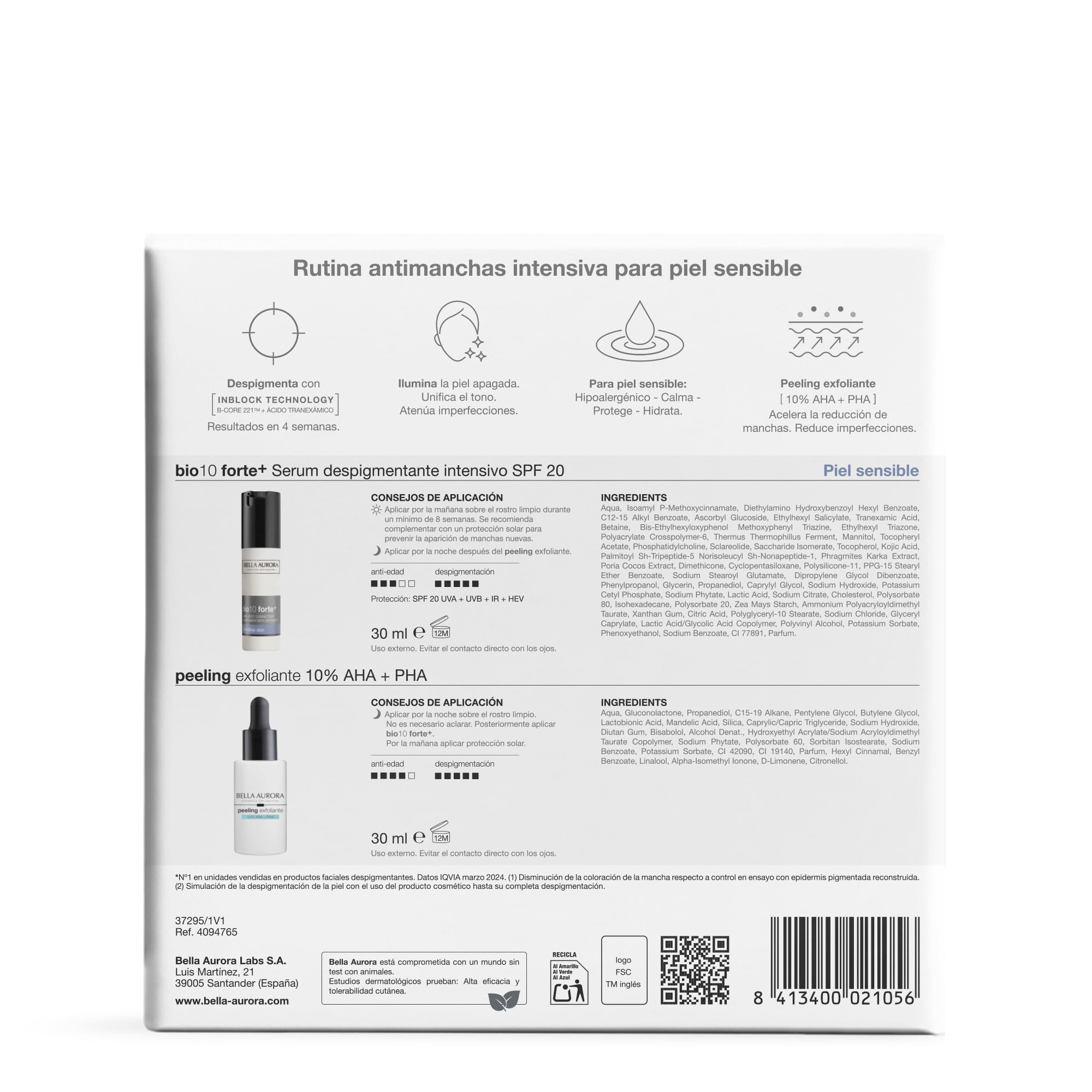 Bella Aurora Pack Bio10 Forte+ Sérum Despigmentante Intensivo con B-Core 221™ y Ácido Tranexámico Piel Sensible + Peeling Exfoliante 10% AHA + PHA | Rutina Antimanchas
