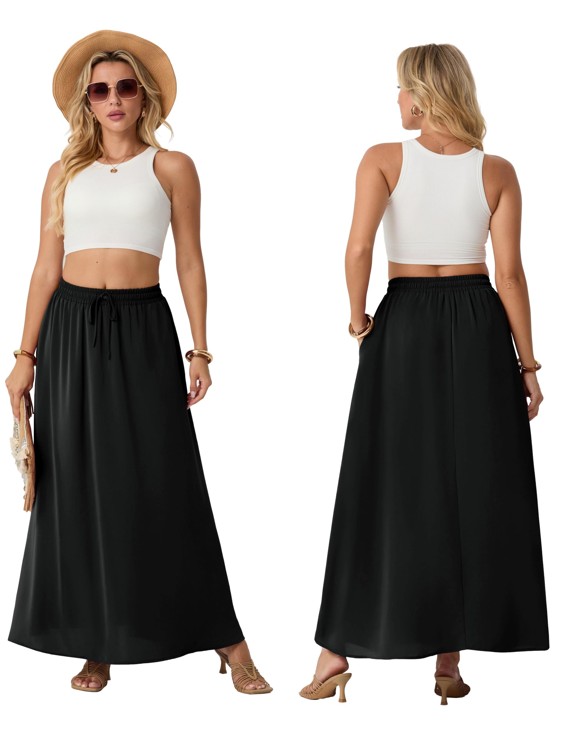 QIXING Maxi gonna lunga e fluida da donna, a vita alta, bohémien, estiva, svasata, con vita elasticizzata e tasche