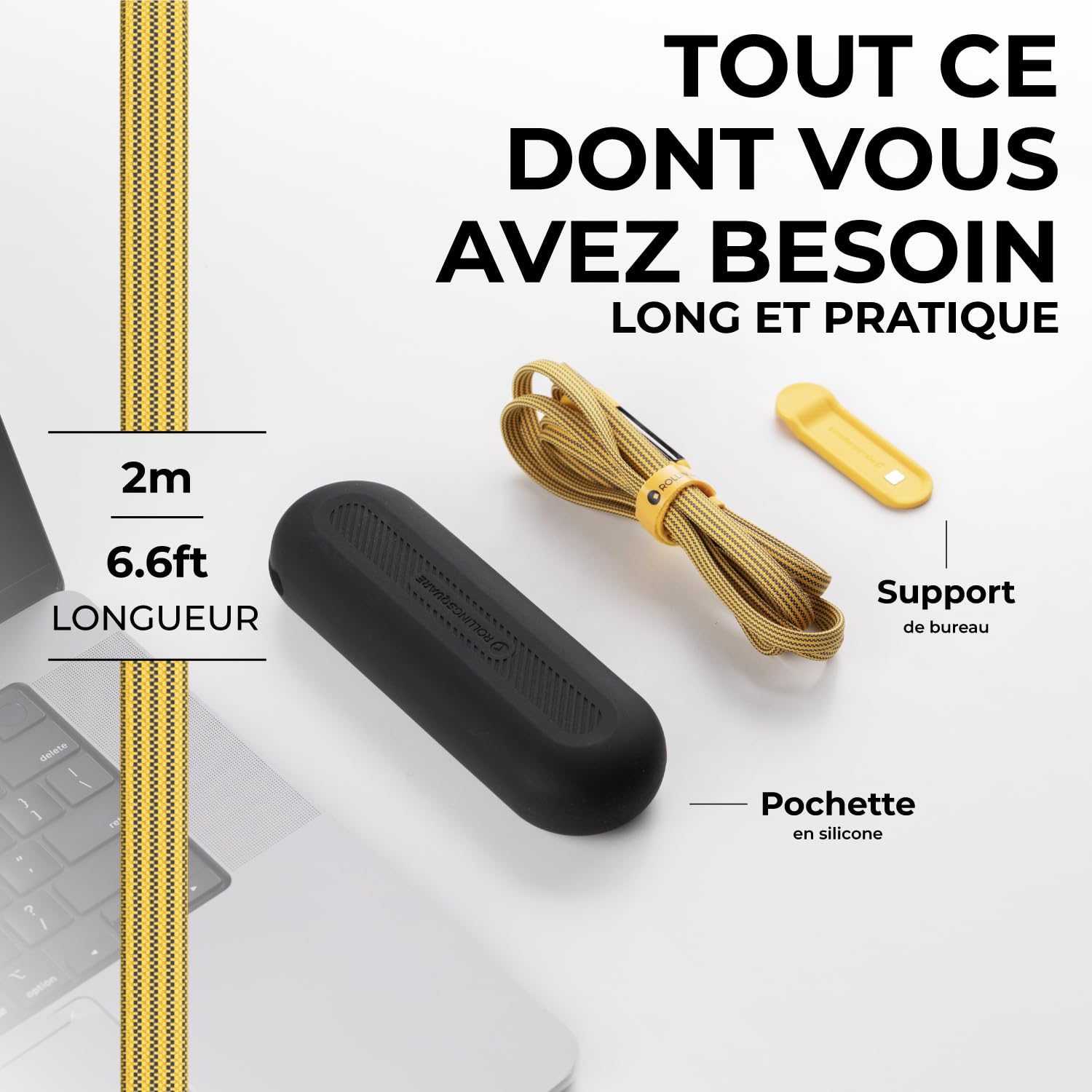 Rolling Square inCharge XL 200cm - Cable Usb c Charge Rapide, 100W - Chargeur Usb c Universel 6 en 1 pour Appareils Mobiles avec Usb c + Cable Lightning et Micro Usb, Idéal comme Cadeau Homme, Jaune