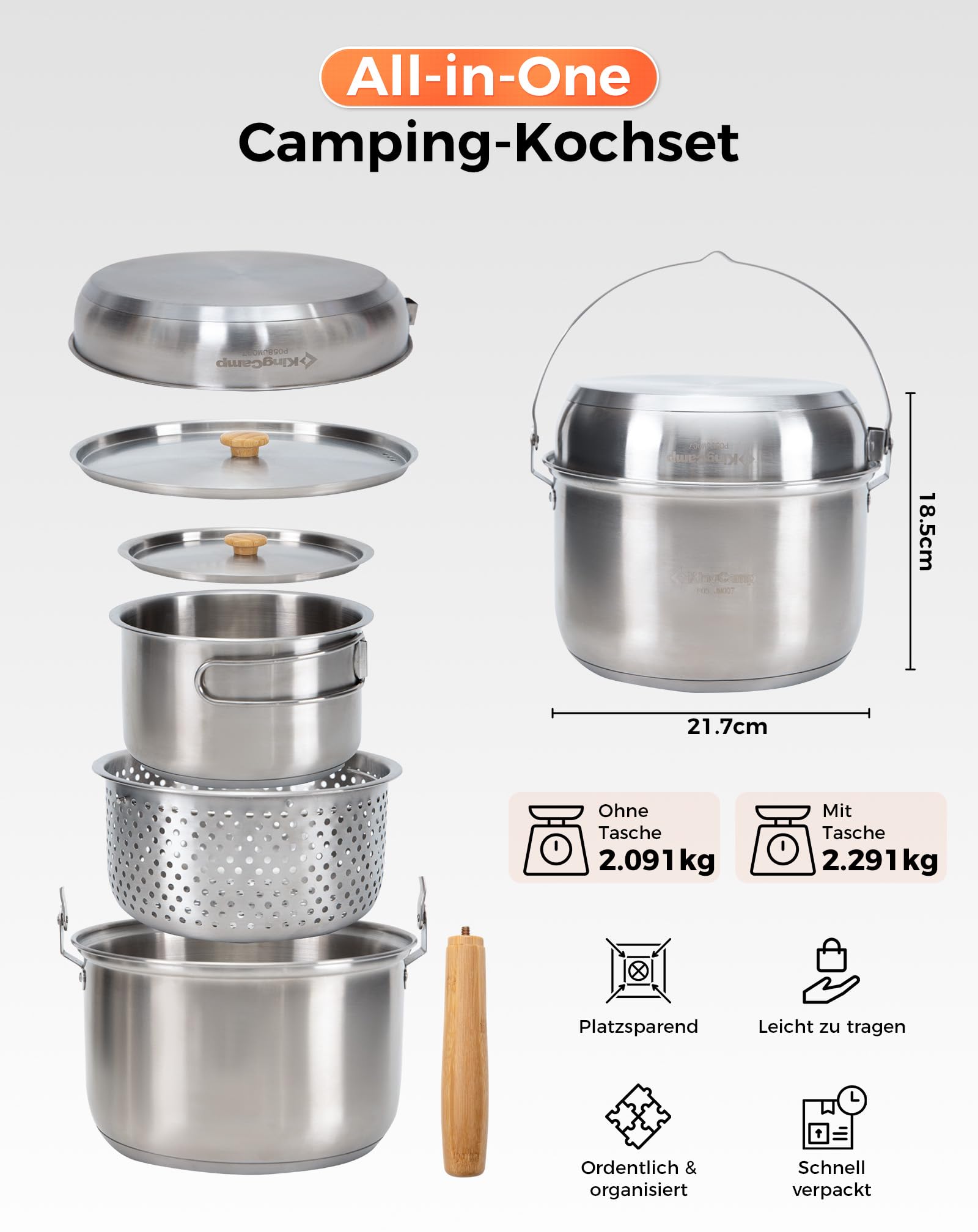 KingCamp Camping topfset aus Edelstahl, Camping Kochset mit undichter Korb,Camping Kochgeschirr induktionsgeeignet, geeignet für Camping, Wandern, Picknick