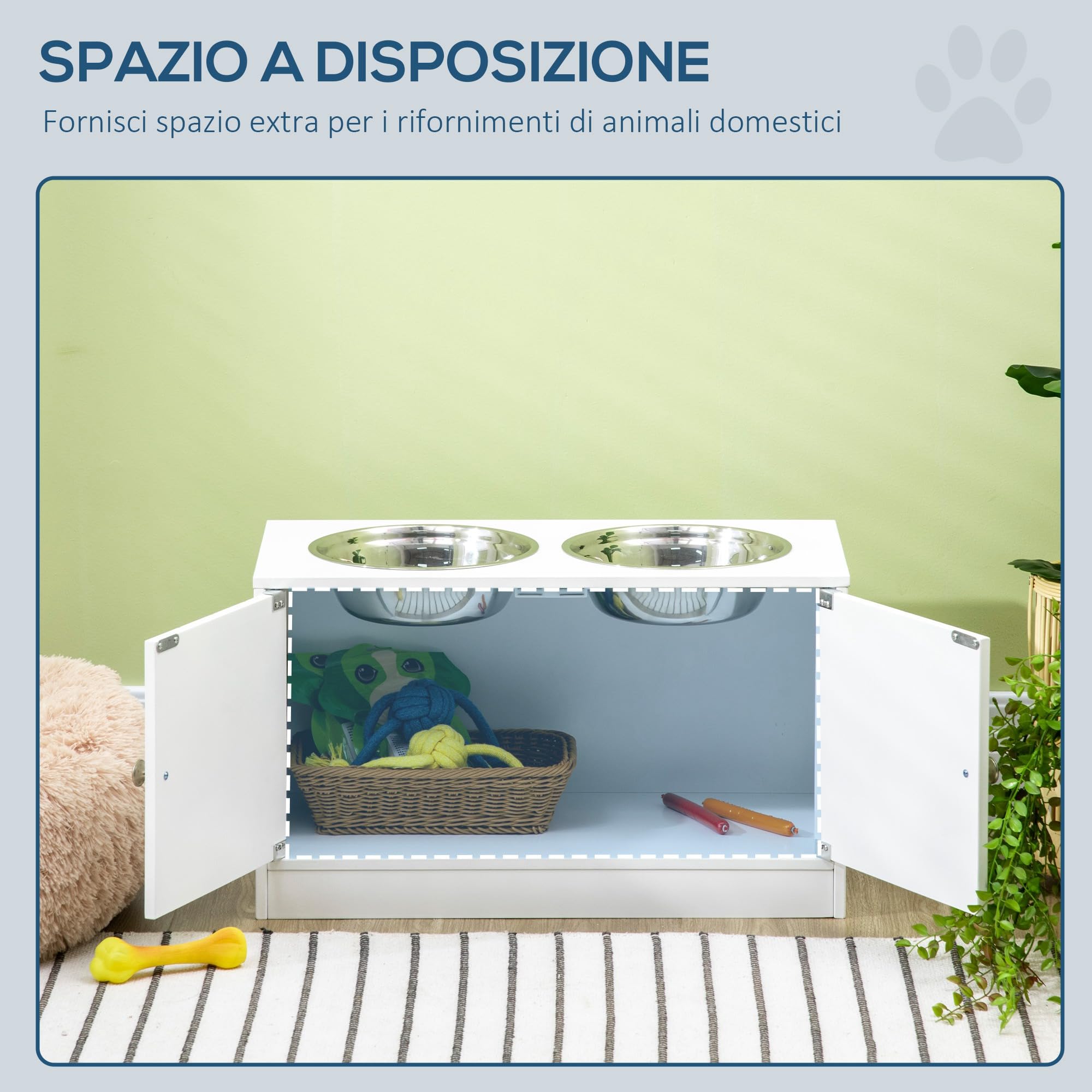 PawHut Ciotole per Cani Rialzate con Armadietto da 44L, Ciotole Rialzate in Acciaio Inox per Cani Grandi, 60x30x35.5cm, Bianco