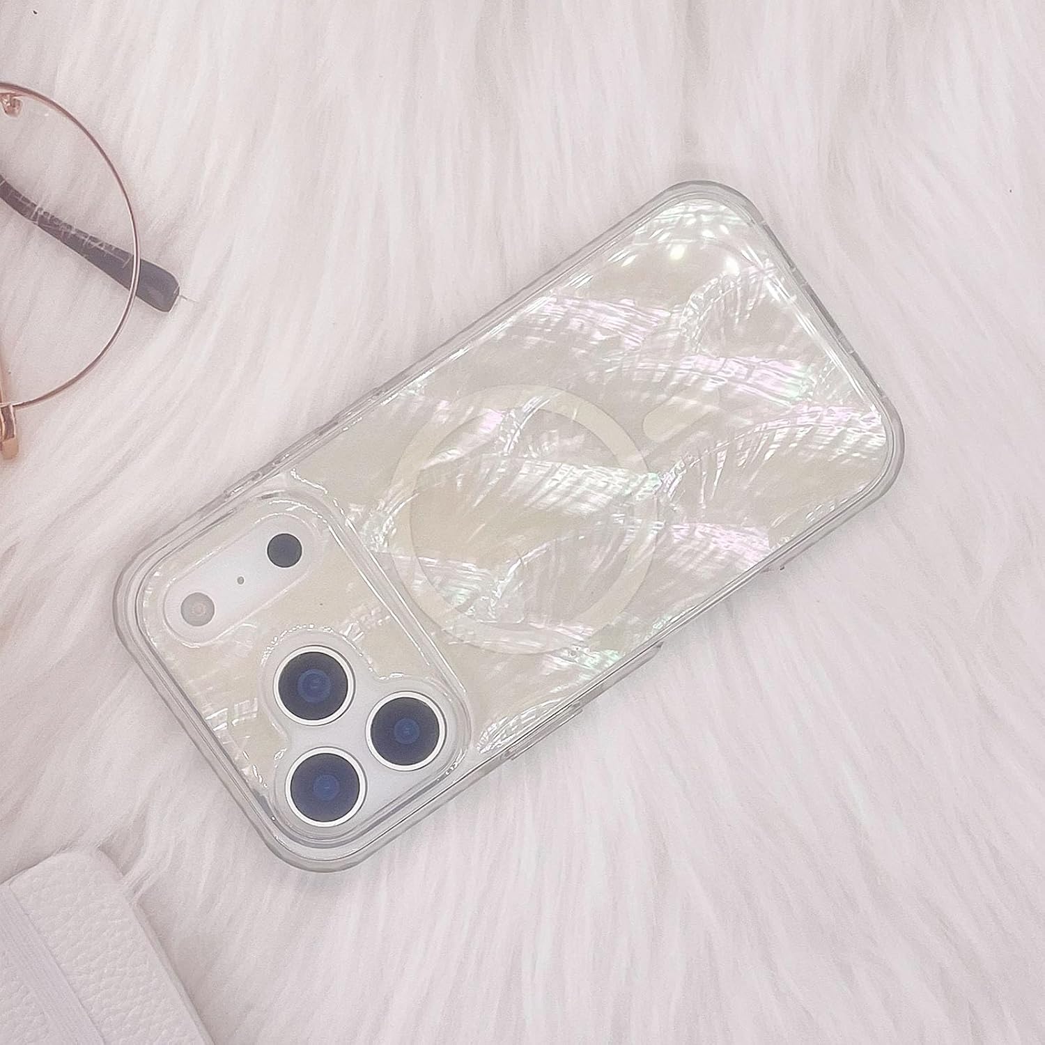 Magnetic Case for iPhone 17 Pro Max 6.9 inch Compatible with MagSafe Bling Shiny Real Seashell| Cute for Girls Women | Military Grade Dropproof | | Protective Phone Cover | Beige Mother of Pearl