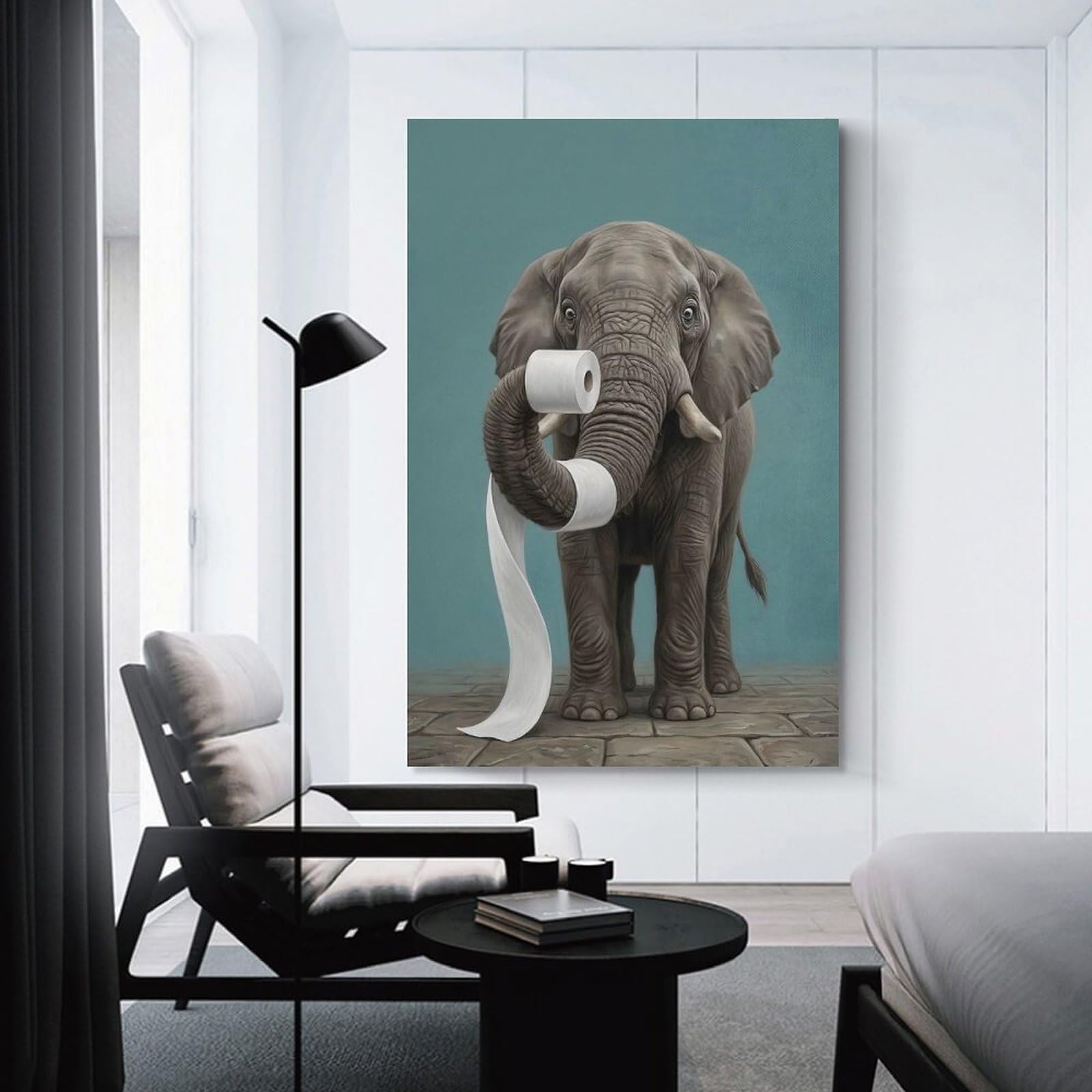 Junmoney Elephant with Toilet Paper Canvas Wall Picture, 08x12inch(20x30cm), for Home, Office, Studio Or Guest Room, A Flexible Wall Accent for Shared Spaces