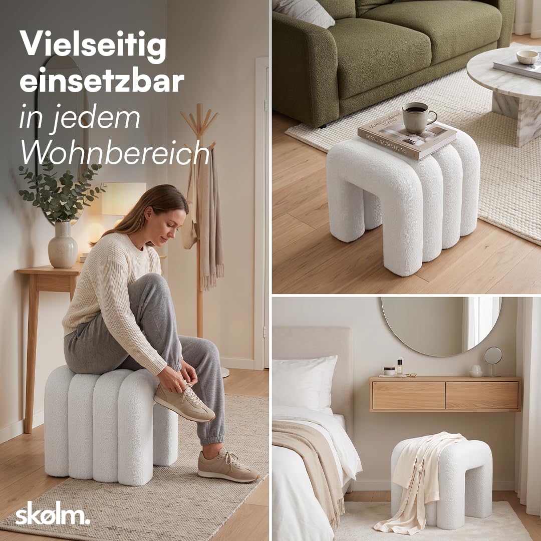 skølm Selitha Hocker U-Form, Sitzhocker 40x40cm, Teddy Bouclé, Creme-weiß