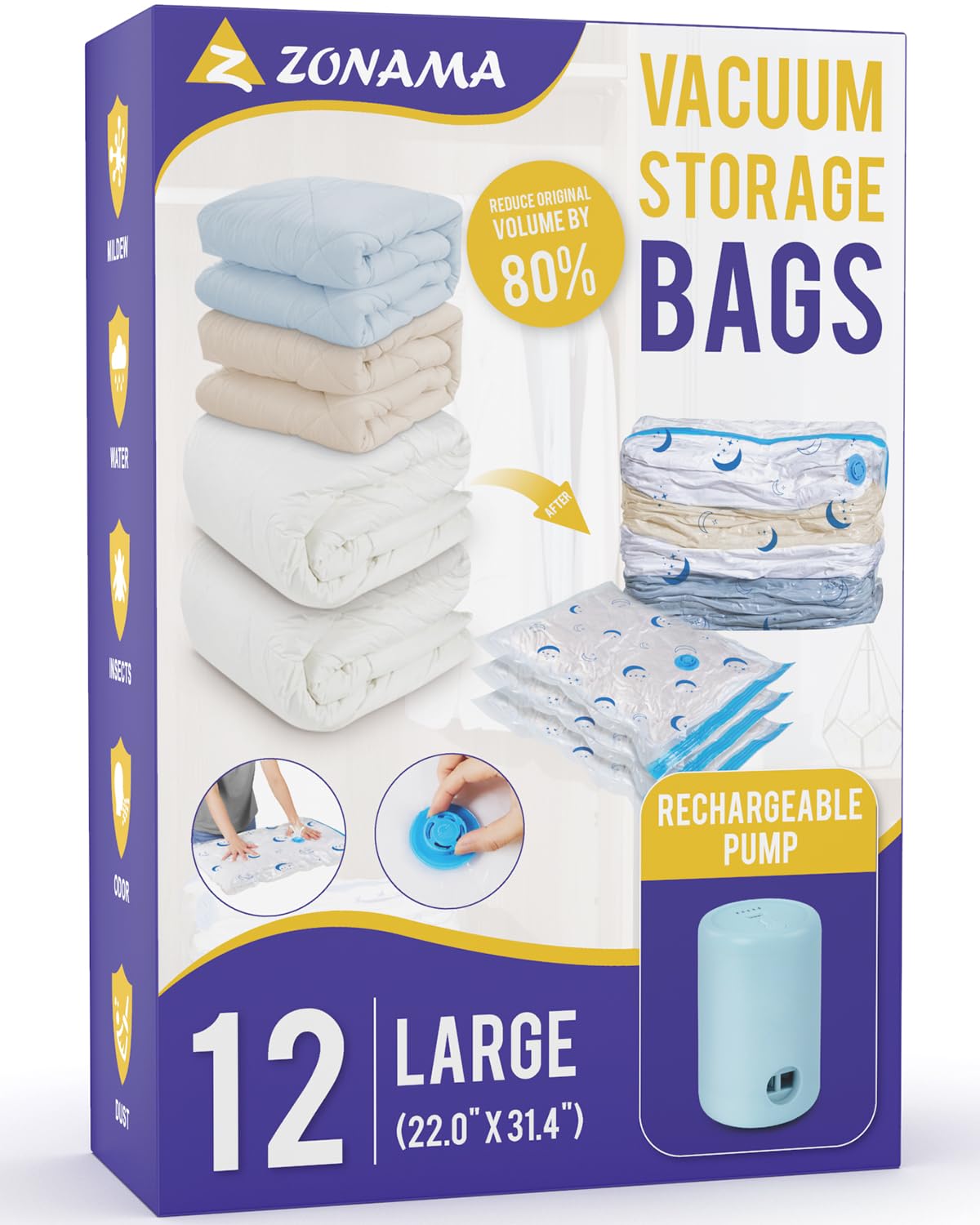 Vacuum Storage Bags with Rechargeable Pump,12 Pack Large Size (22.0"x31.4") Vacuum Sealed Space Save Bag with 1500mAh Pump for Clothes, Blanket, Duvets, Pillows, Comforters, Quilt, Travel, Moving