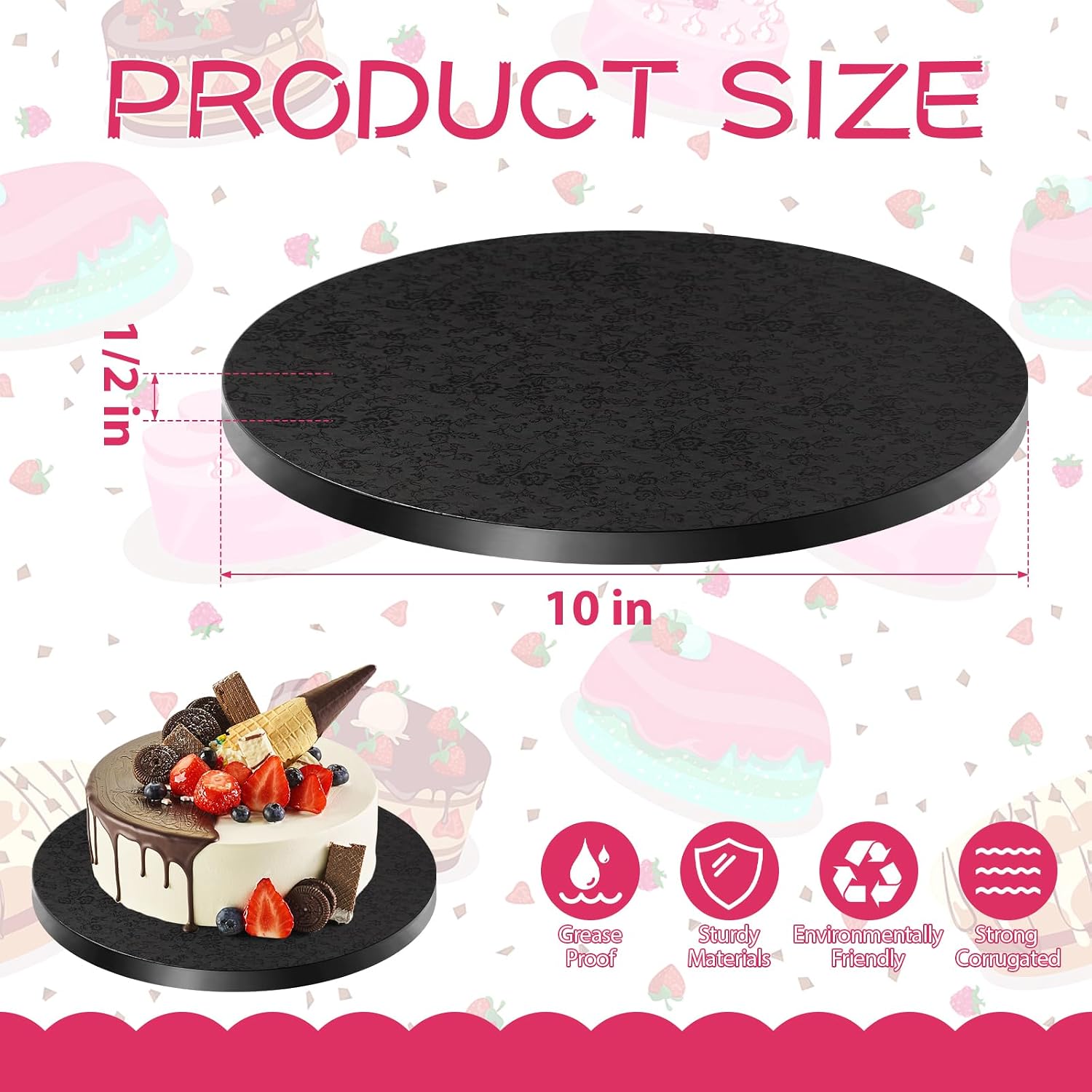 4 Pieces Cake Boards Round 1/2 Inch Thick White Cardboard Cake Drums Baking Supplies for Multi Tiered Birthday Wedding Party Cakes Base para Pastel (10 Inch 4 Pieces, Black)