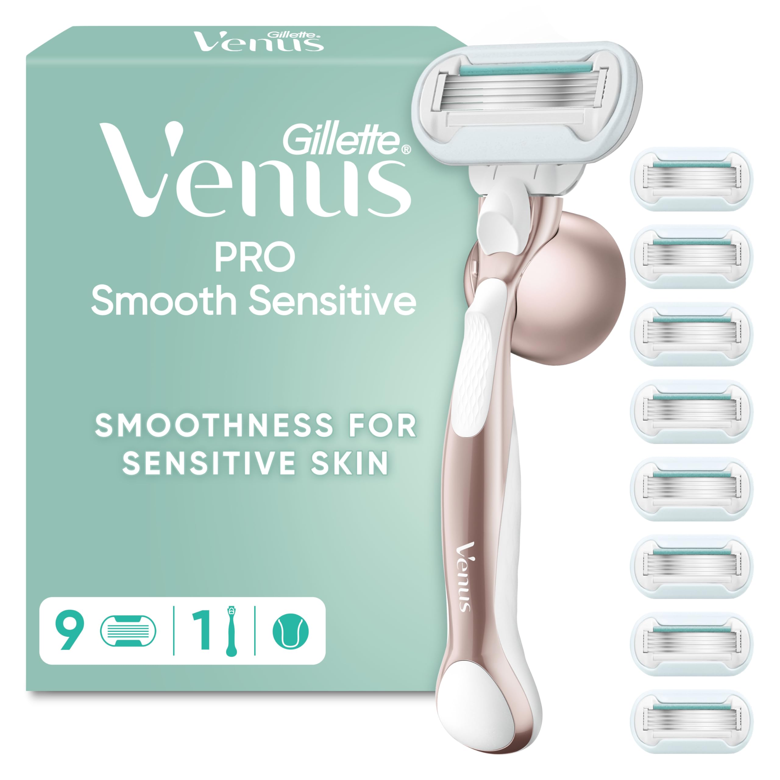 Gillette Venus Deluxe Smooth Sensitive Razor + Replacement Heads 9 Pc