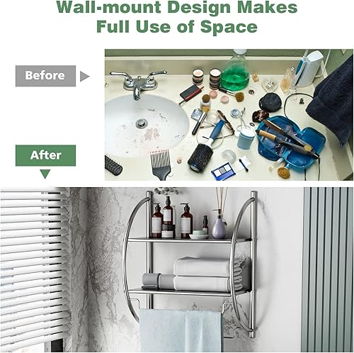 Miniatura 5 de S AFSTAR Estante de baño montado en la pared, toallero cromado de 2 niveles con estantes de diseño de fugas y toalleros, estante de baño cromado