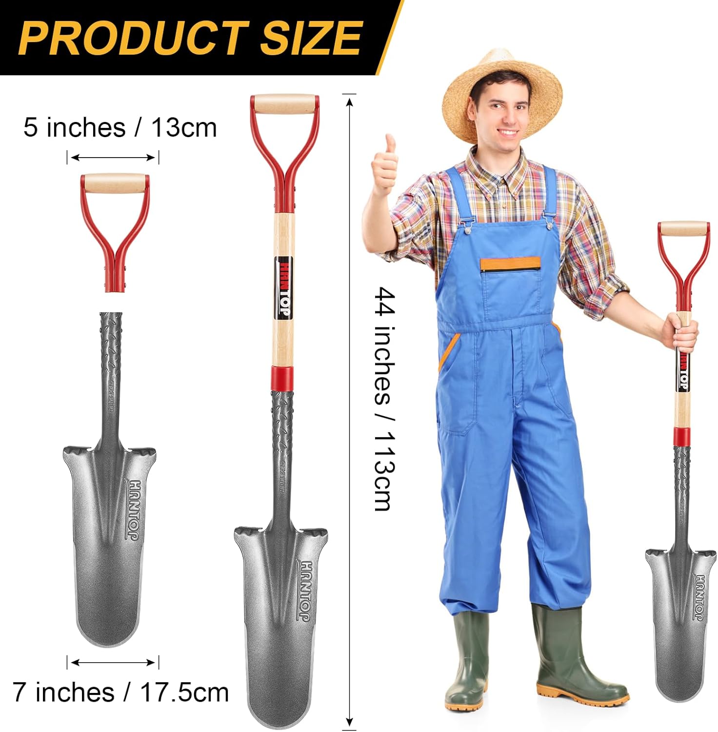 Drain Spade Digging Shovel with Wooden Handle for Trenching,Transplanting,Garden,44 inches