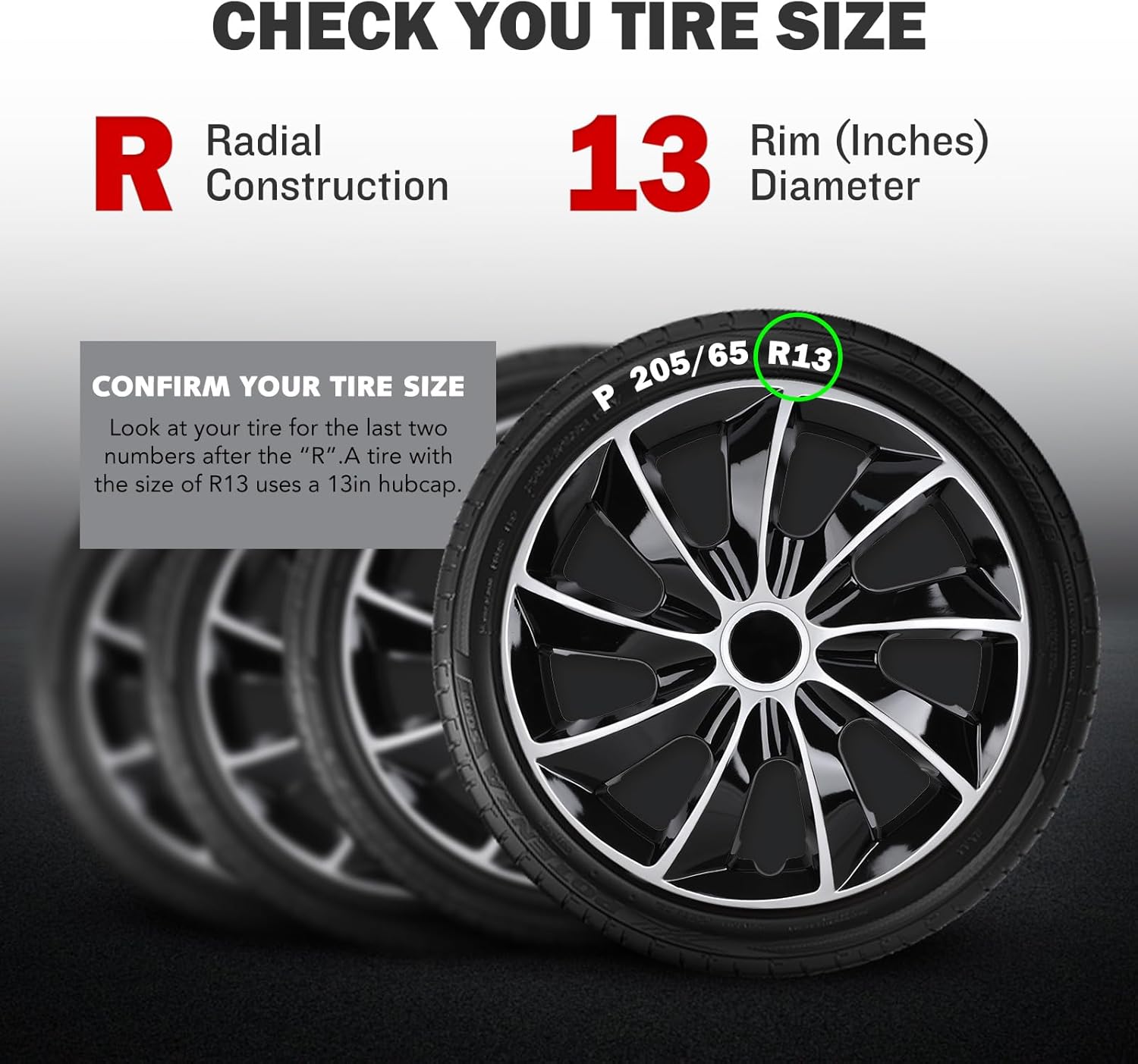 AUTOWIKI 13’’ Wheel Rim Cover Hubcaps Universal Snap On Car Truck SUV Car Accessories ABS & PC Material Replacement Hub Caps Set of 4 (13 Inch, Silver & Black Lacquer)