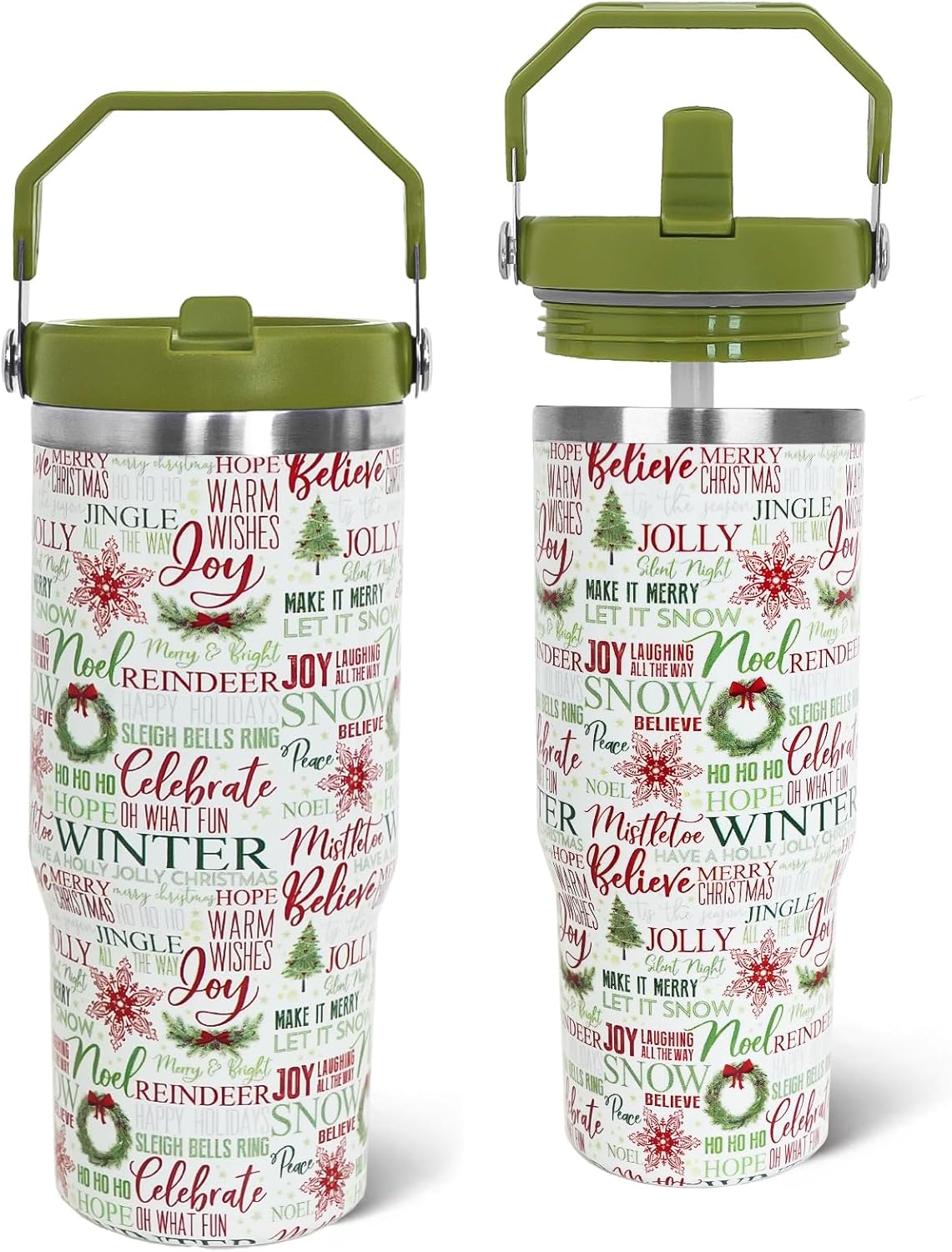 Christmas Tumbler with Handle and Straw Green Xmas Trees Joy Snowflakes Tumbler Insulated Stainless Steel Cups Xmas Coffee Travel Mug Winter Merry Christmas Gifts Decor-30 OZ