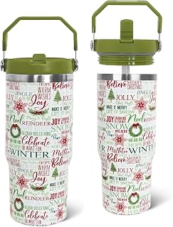 Christmas Tumbler with Handle and Straw Green Xmas Trees Joy Snowflakes Tumbler Insulated Stainless Steel Cups Xmas Coffee Travel Mug Winter Merry Christmas Gifts Decor-30 OZ