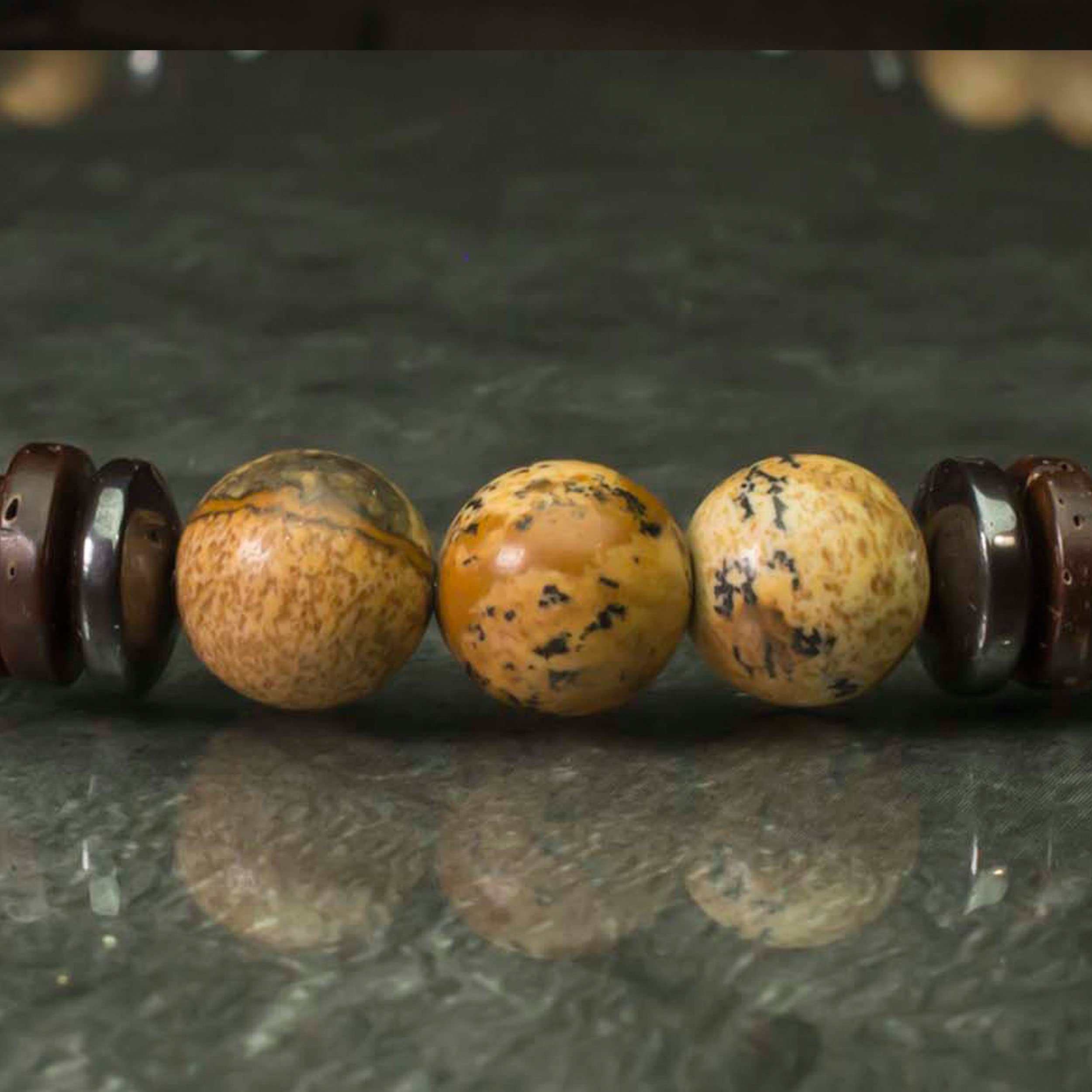 Collier Homme perles Ø6-8mm pierres naturelles Jaspe Picasso Bois Cocotier/Coco Hématite Acier inoxydable/inox couleur argent fait main en France CJBH52