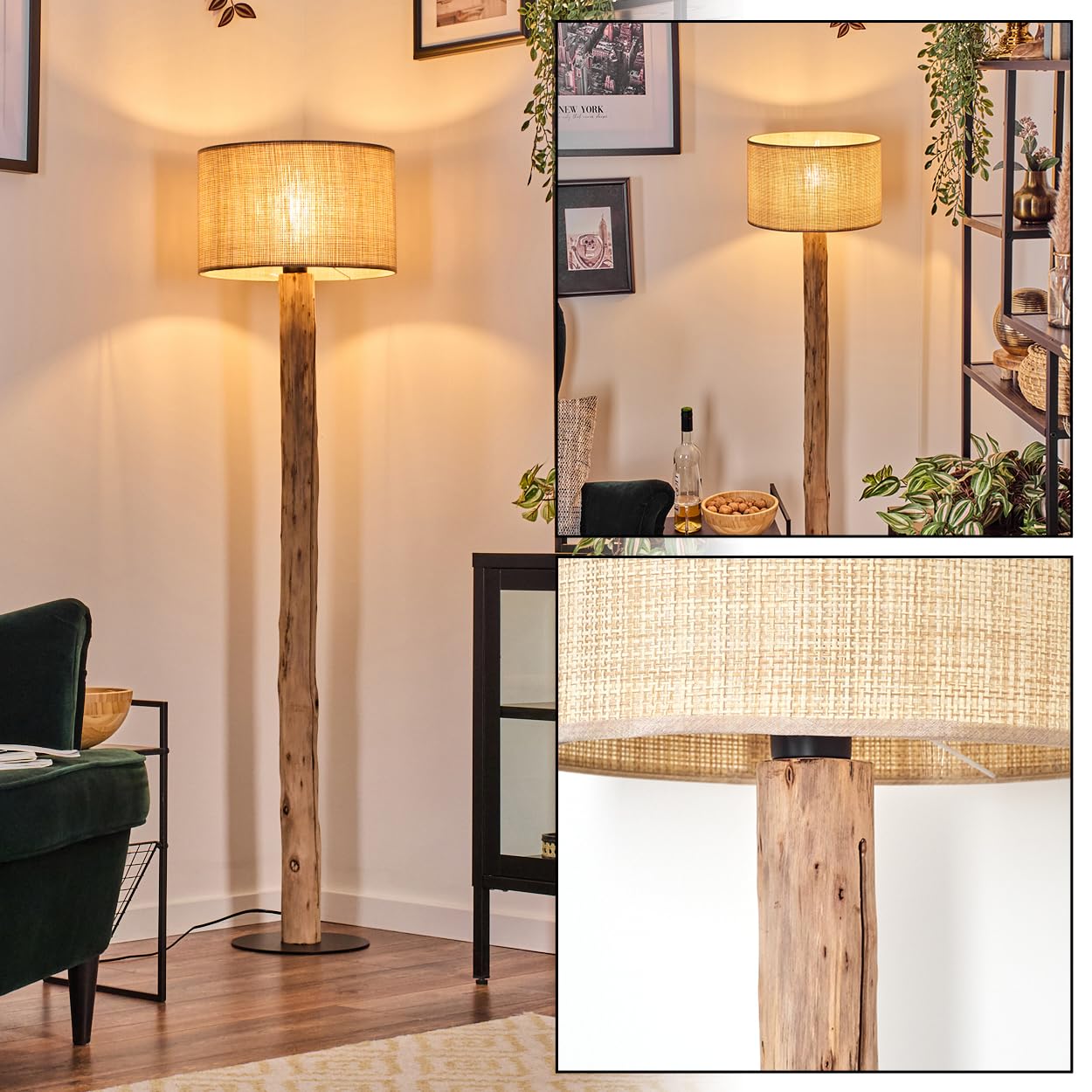 HOFSTEIN Lampa stojąca Sabadim, lampa stojąca z drewna/metalu w nowoczesnym stylu boho, abażur z plecionki papierowej/materiału Ø 35 cm, E27, 145 cm, z przełącznikiem nożnym – salon, sypialnia
