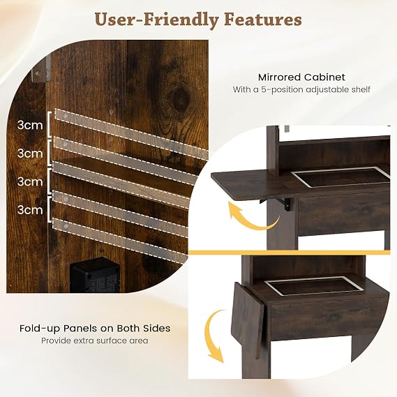 COSTWAY Small Dressing Table with 3-Color LED Lights Mirror and Stool, Drop-Leaf Makeup Table Vanity Desk with Charging Station, Fold-up Panel, Glass Top, Cabinet & Drawer for Bedroom (Rustic Brown)