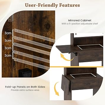 COSTWAY Small Dressing Table with 3-Color LED Lights Mirror and Stool, Drop-Leaf Makeup Table Vanity Desk with Charging Station, Fold-up Panel, Glass Top, Cabinet & Drawer for Bedroom (Rustic Brown)