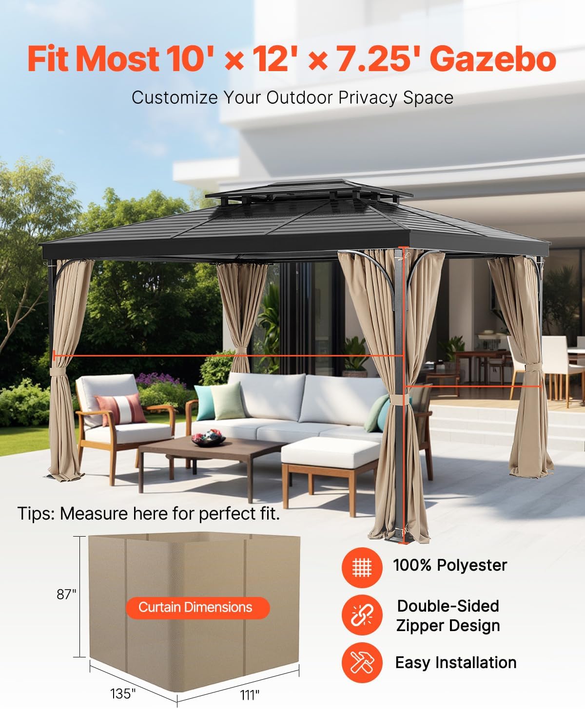 VEVOR Gazebo Curtains Outdoor, Fit Most 12' x 10' x 7.3' Gazebos, 4-Panel Sidewall Gazebo Privacy Curtains with Zippers, Outdoor Curtain Replacement for Patio Canopy, Only Curtain, Khaki