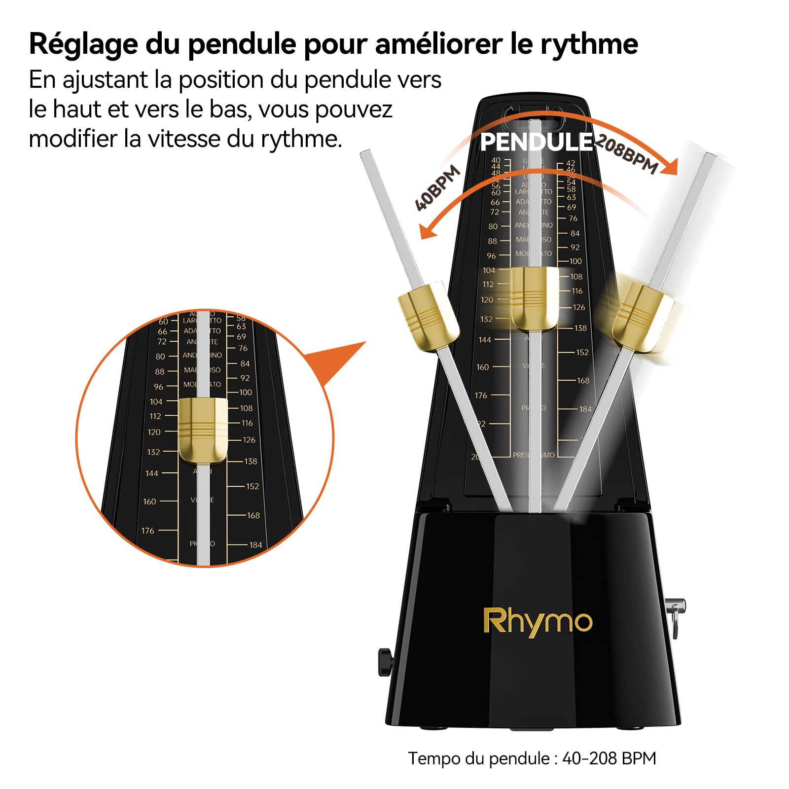 Rhymo Métronome Mécanique à Mouvement Métallique - 4 Temps Précis, 40-208 BPM - pour Guitare, Piano, Tambour & Violon, Son Rythme Fort et Clair, Idéal pour Débutants (Noir)